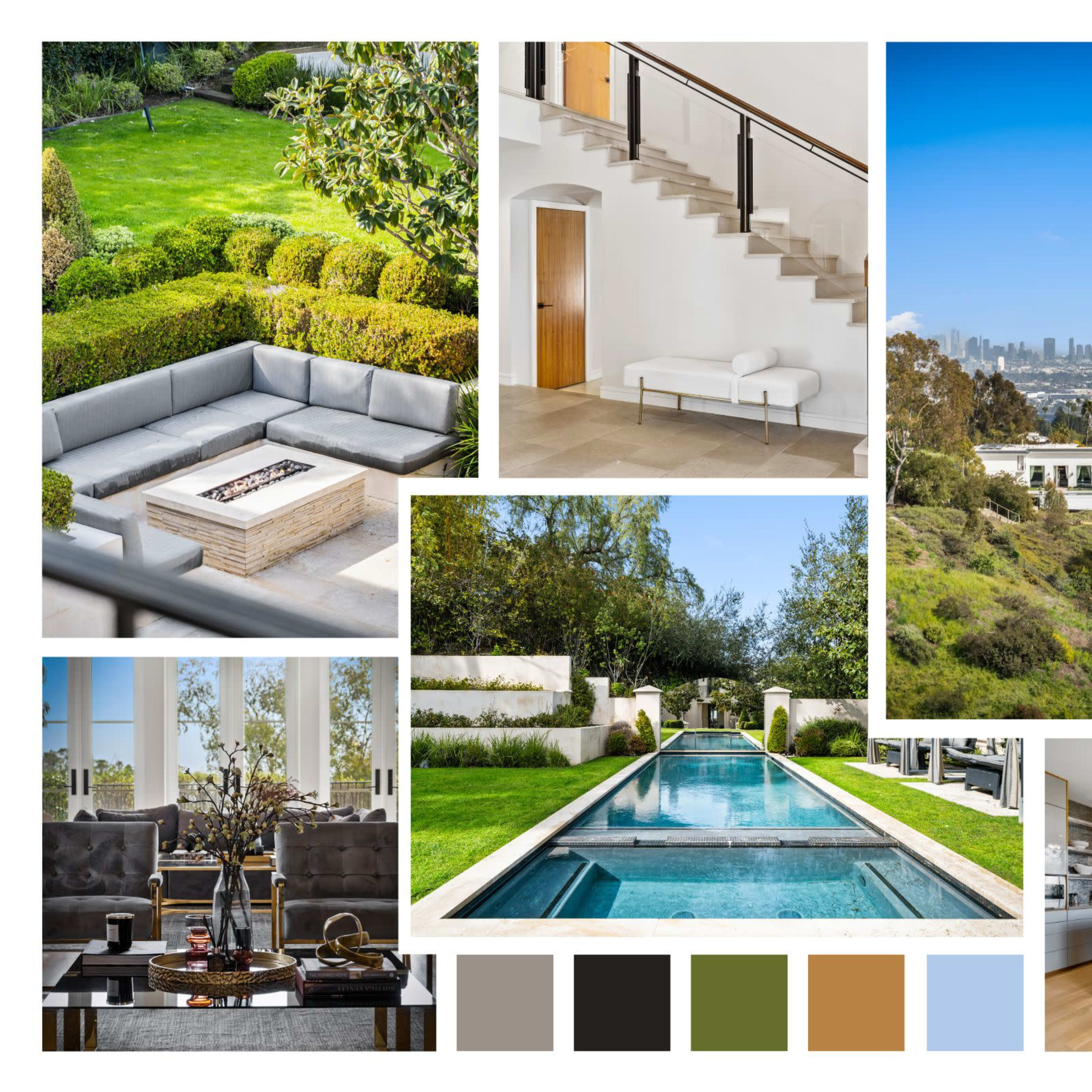 A collage of modern home elements, including a landscaped garden, a swimming pool, sleek indoor furnishings, and a scenic view of a cityscape.