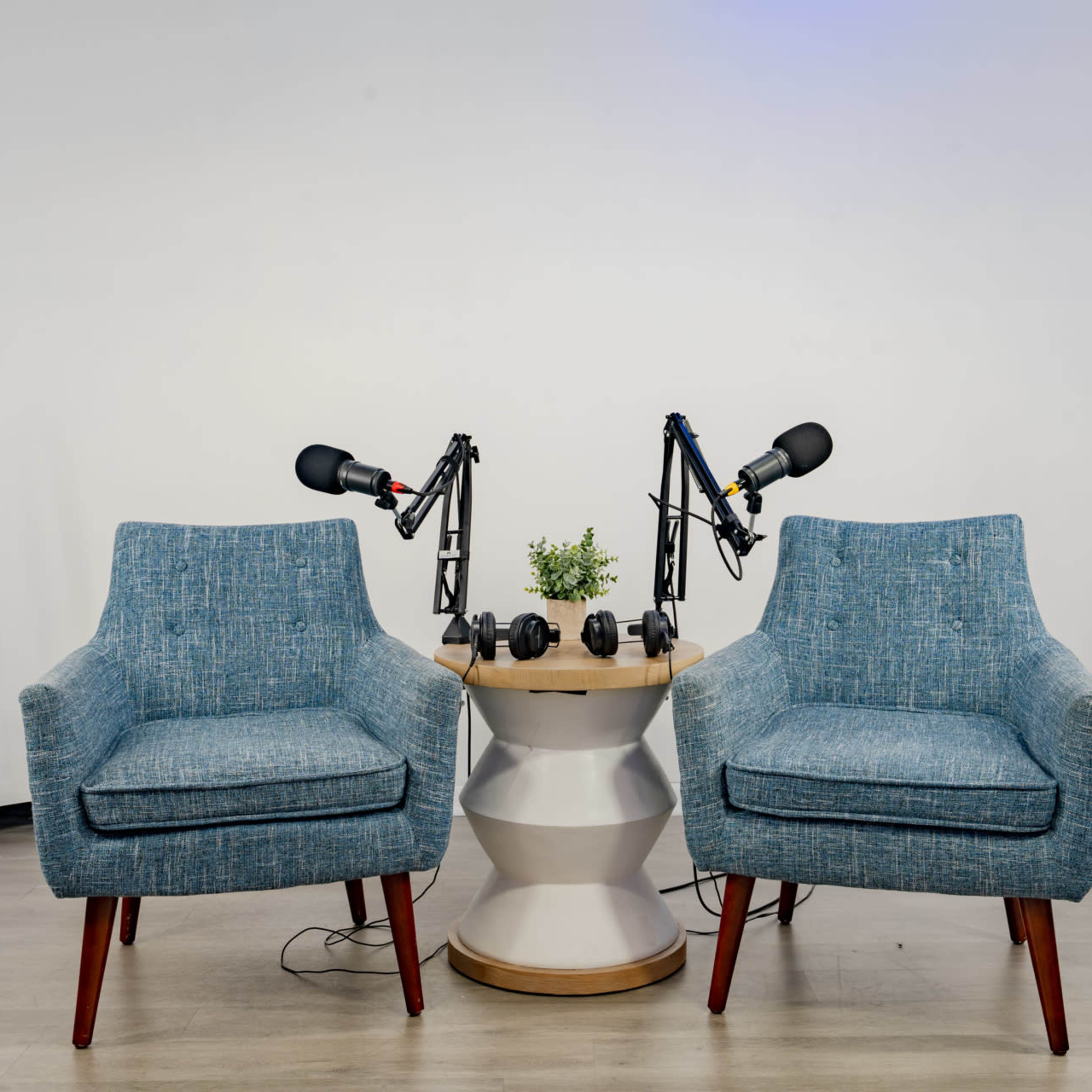 Two blue upholstered chairs are positioned facing each other with a round table adorned with a small plant and two microphones on stands between them.
