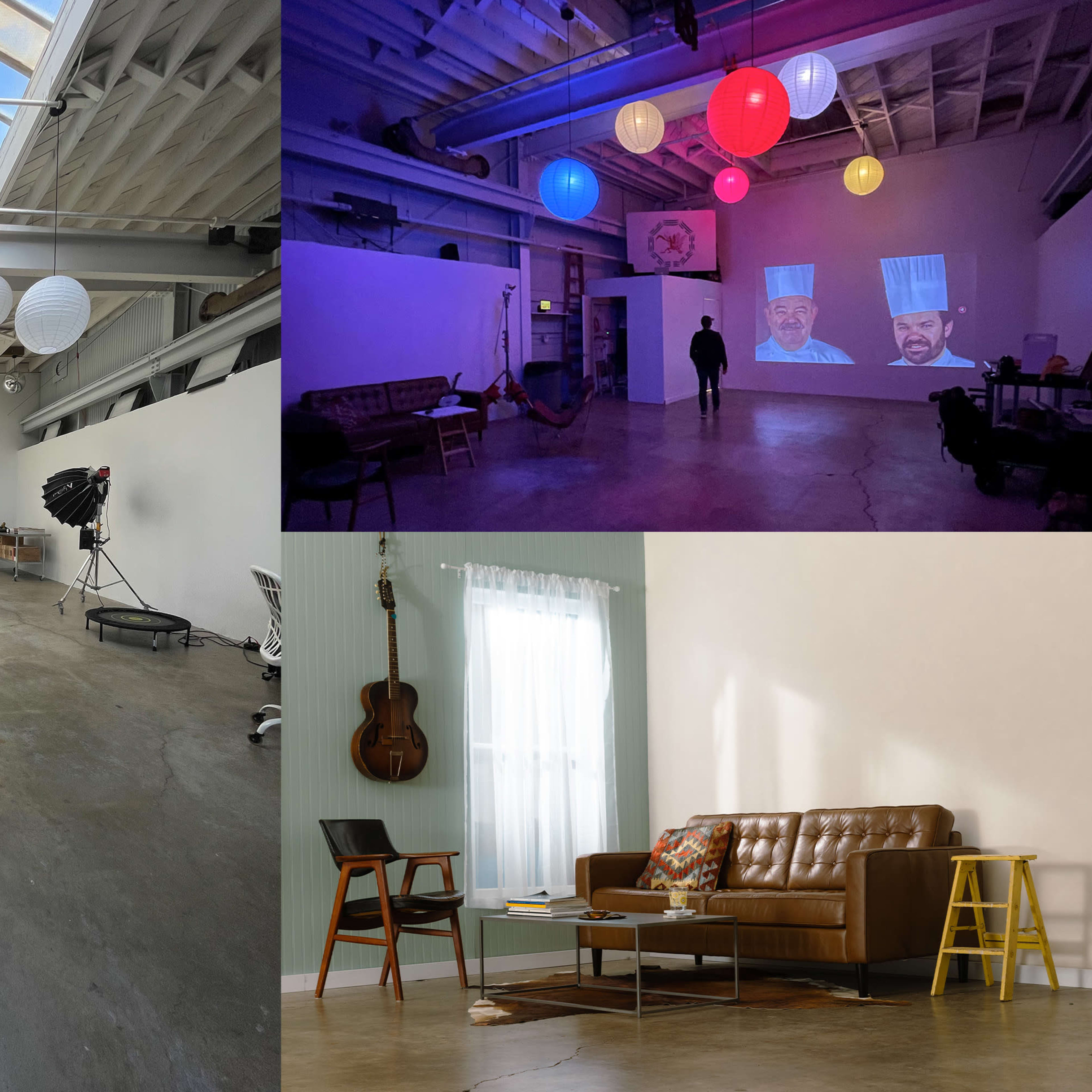A spacious, modern studio with various lighting fixtures and distinct areas for creative activities, including a projection screen and comfortable seating.