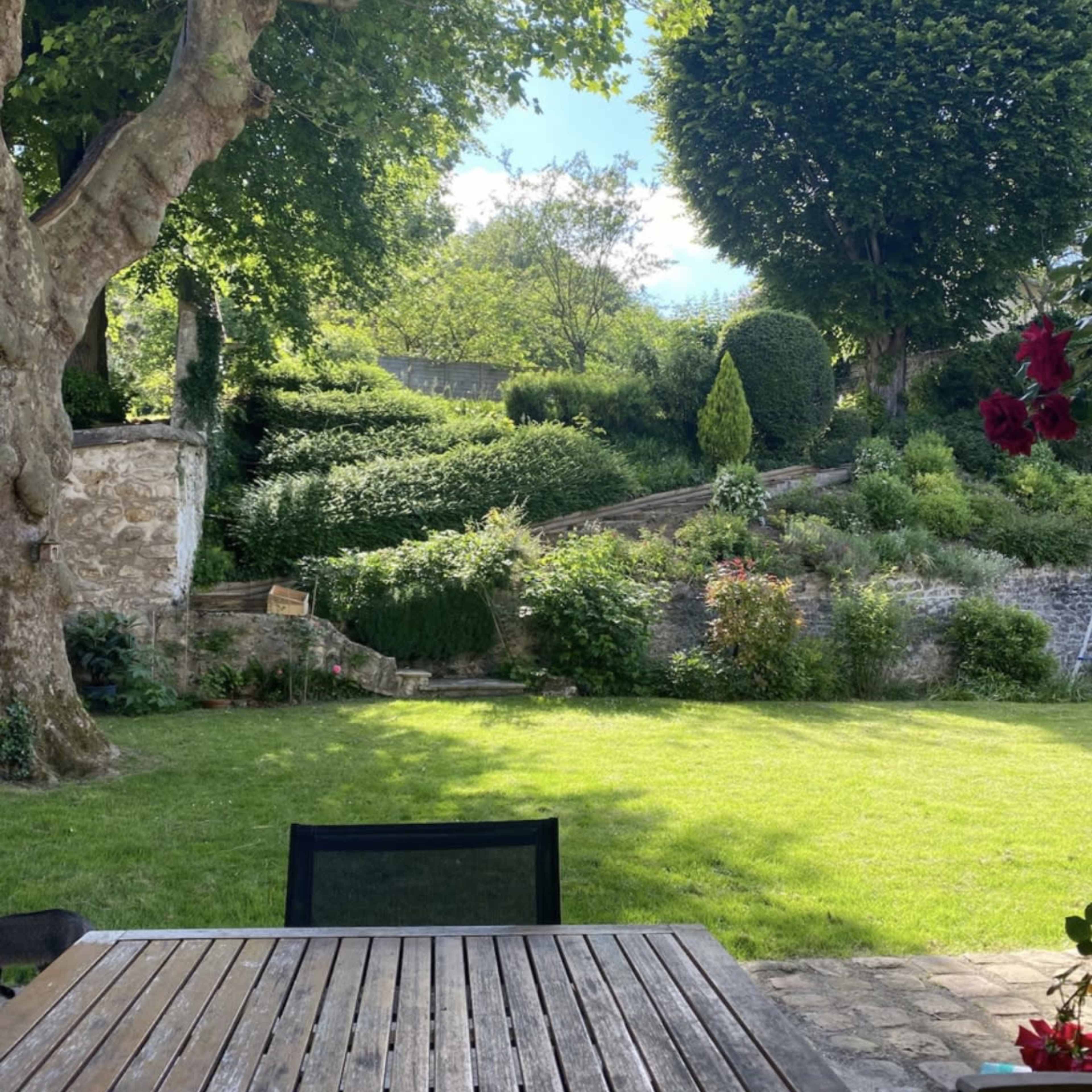 A wooden table sits in the foreground of a green garden with shrubs, trees, and a sloped path leading to a higher area.