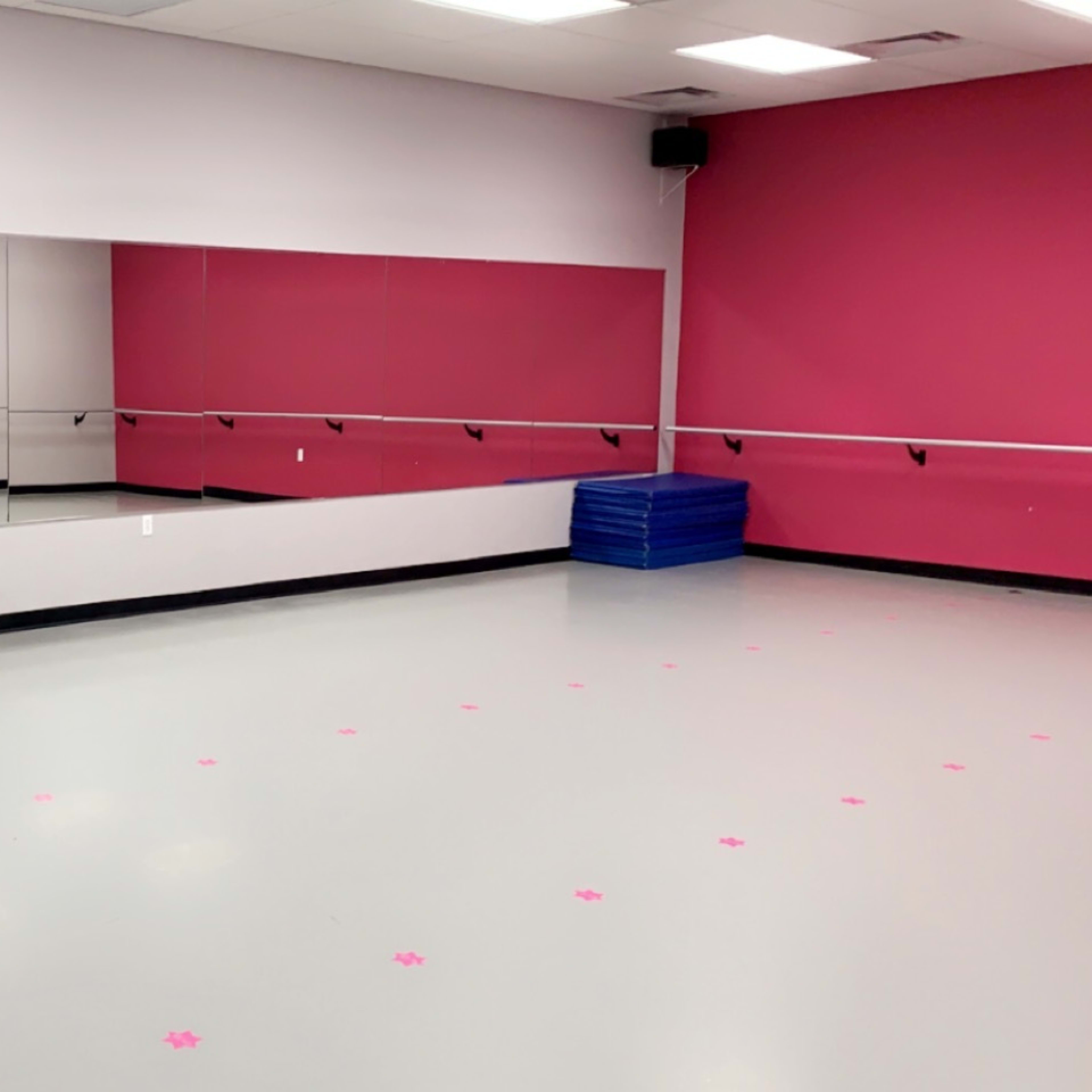 A dance studio with a large mirrored wall, a black door, and pink accents on the walls, along with a luggage cart and blue mats in one corner.