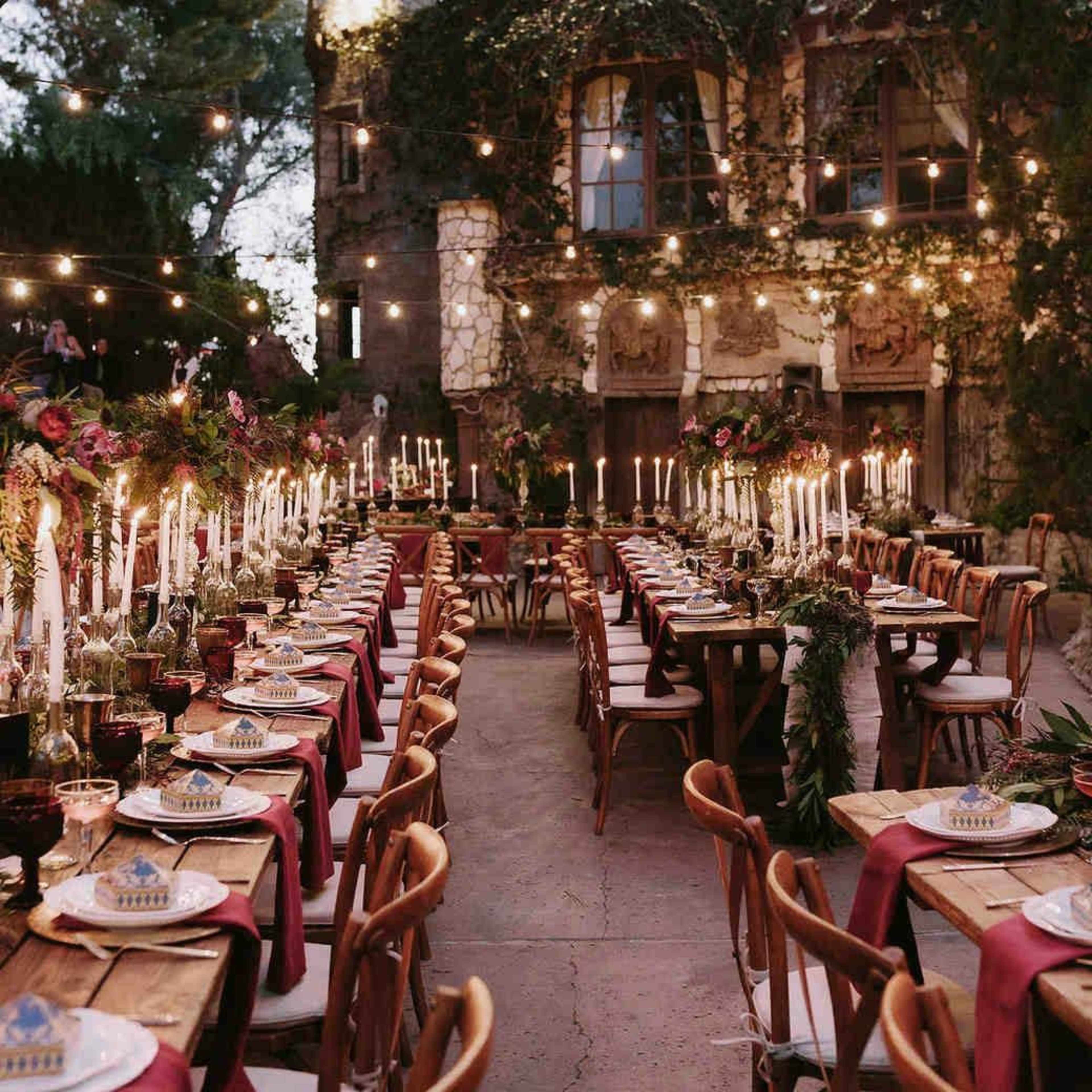 An outdoor dinner setting features long tables adorned with candles and floral centerpieces, illuminated by string lights against the backdrop of a castle-like structure.