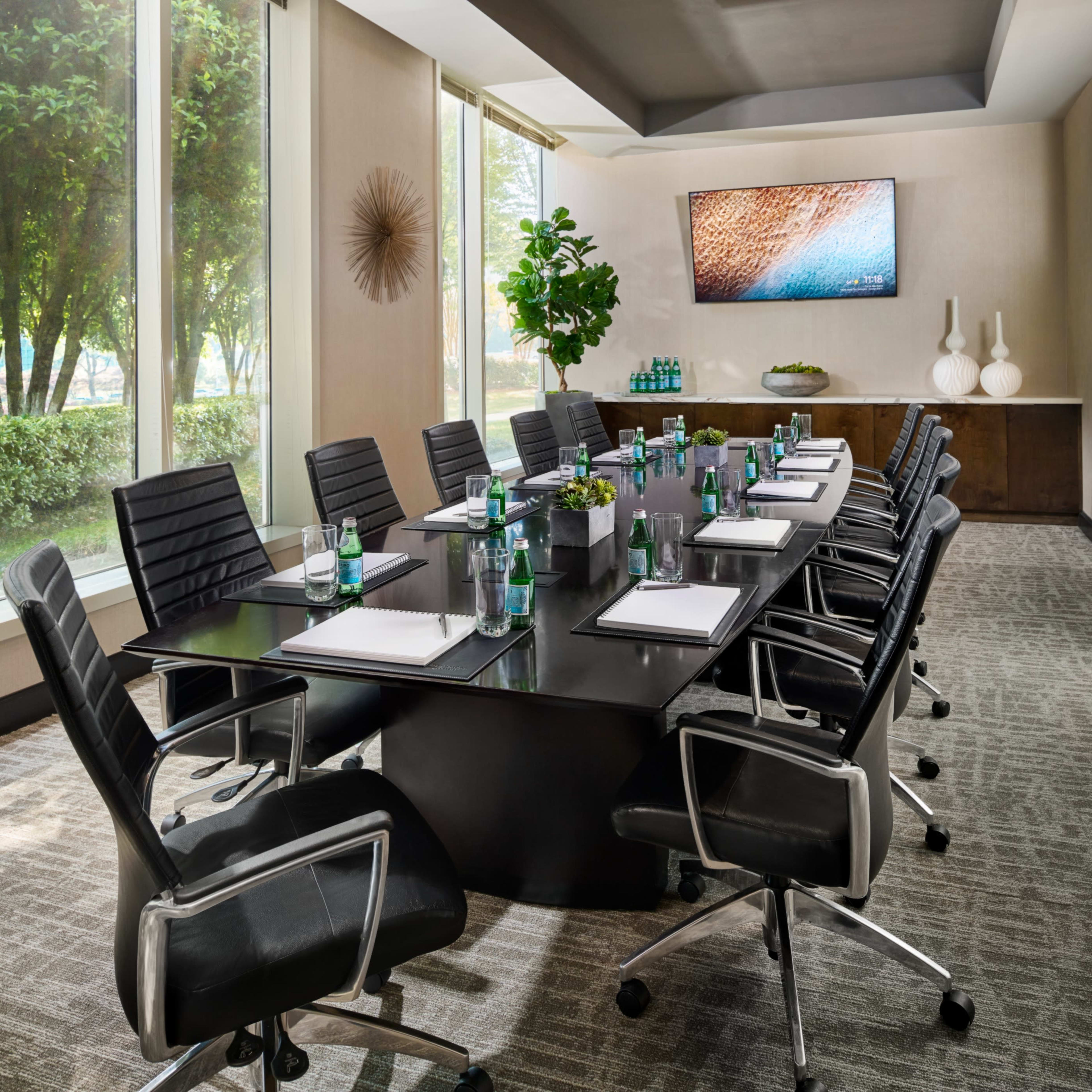 A modern conference room features a large black table surrounded by ergonomic chairs, with a TV and large windows overlooking greenery.