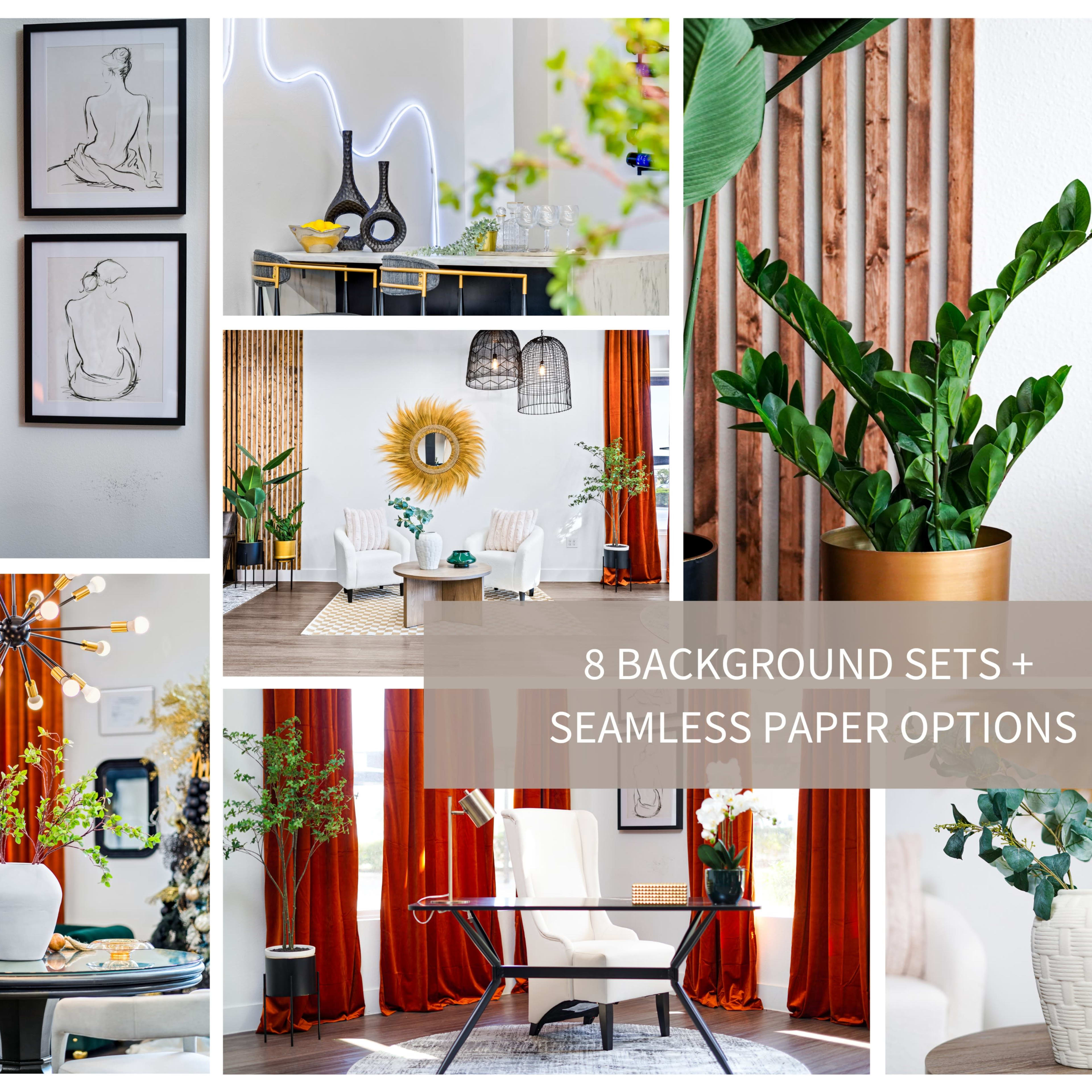 A collage of various interior design setups, showcasing background sets, decorative plants, and furniture arrangements with orange curtains and unique lighting fixtures.