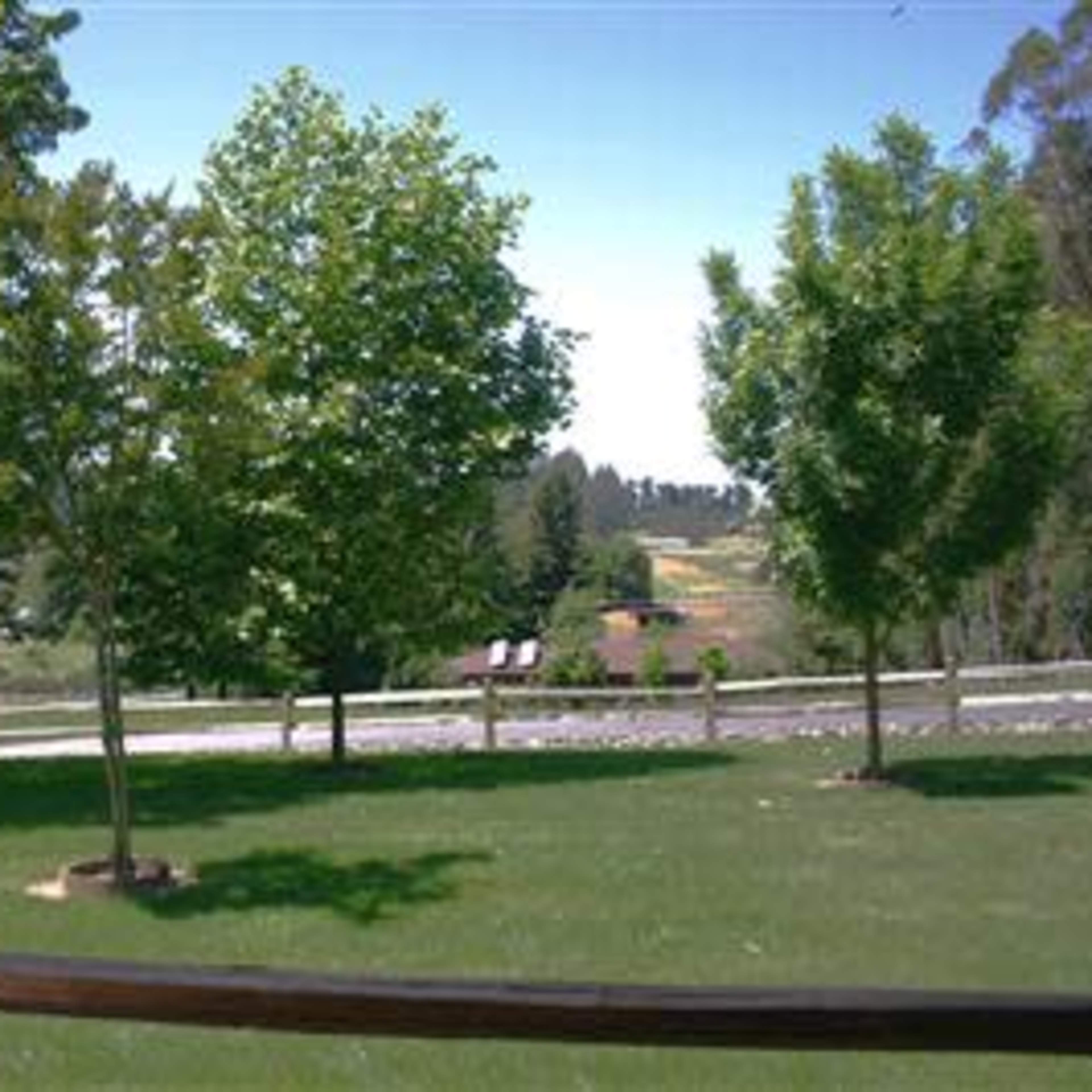 A green landscape with several trees and a farm visible in the distance under a clear blue sky.