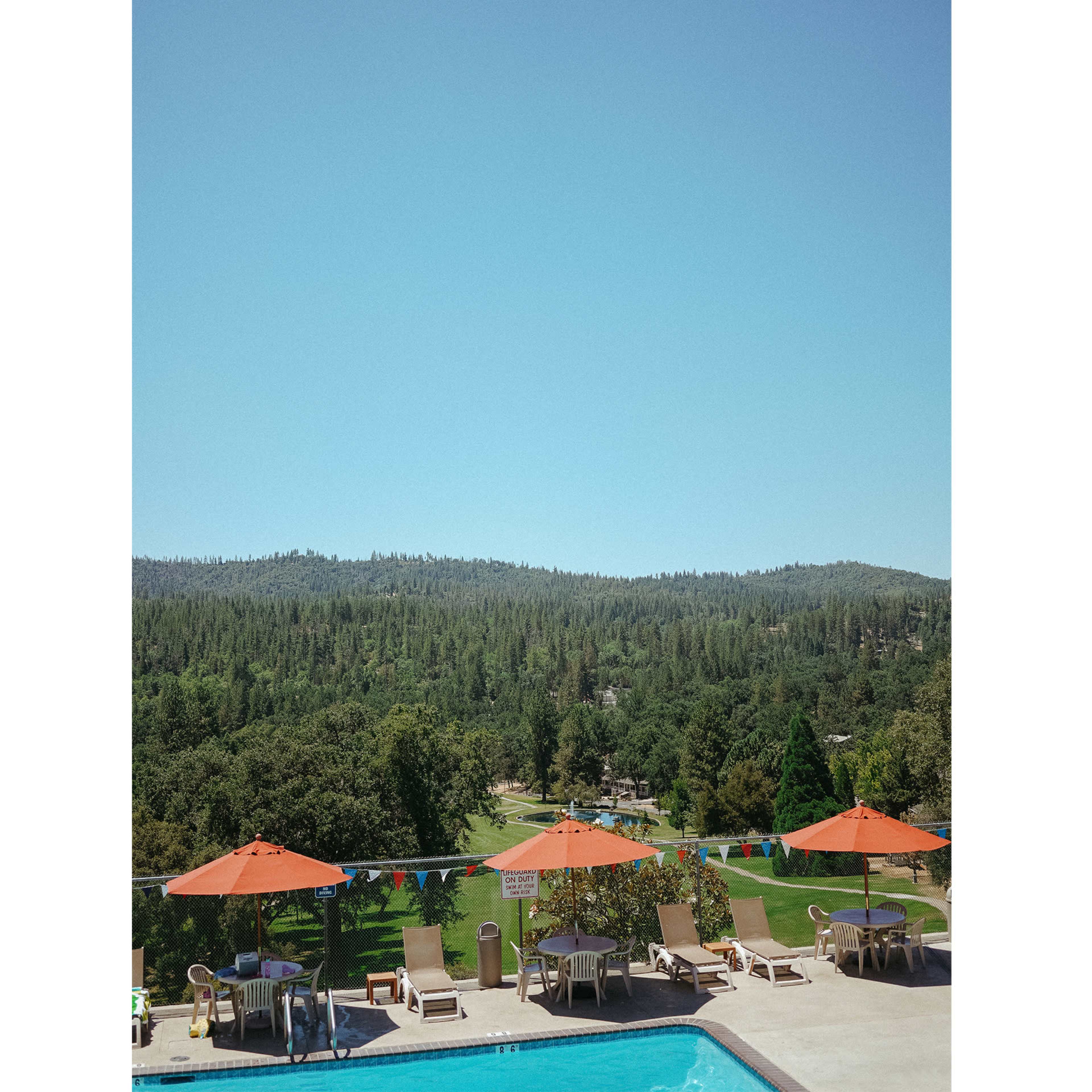 A pool area with lounge chairs and orange umbrellas overlooks a forested landscape under a clear blue sky.