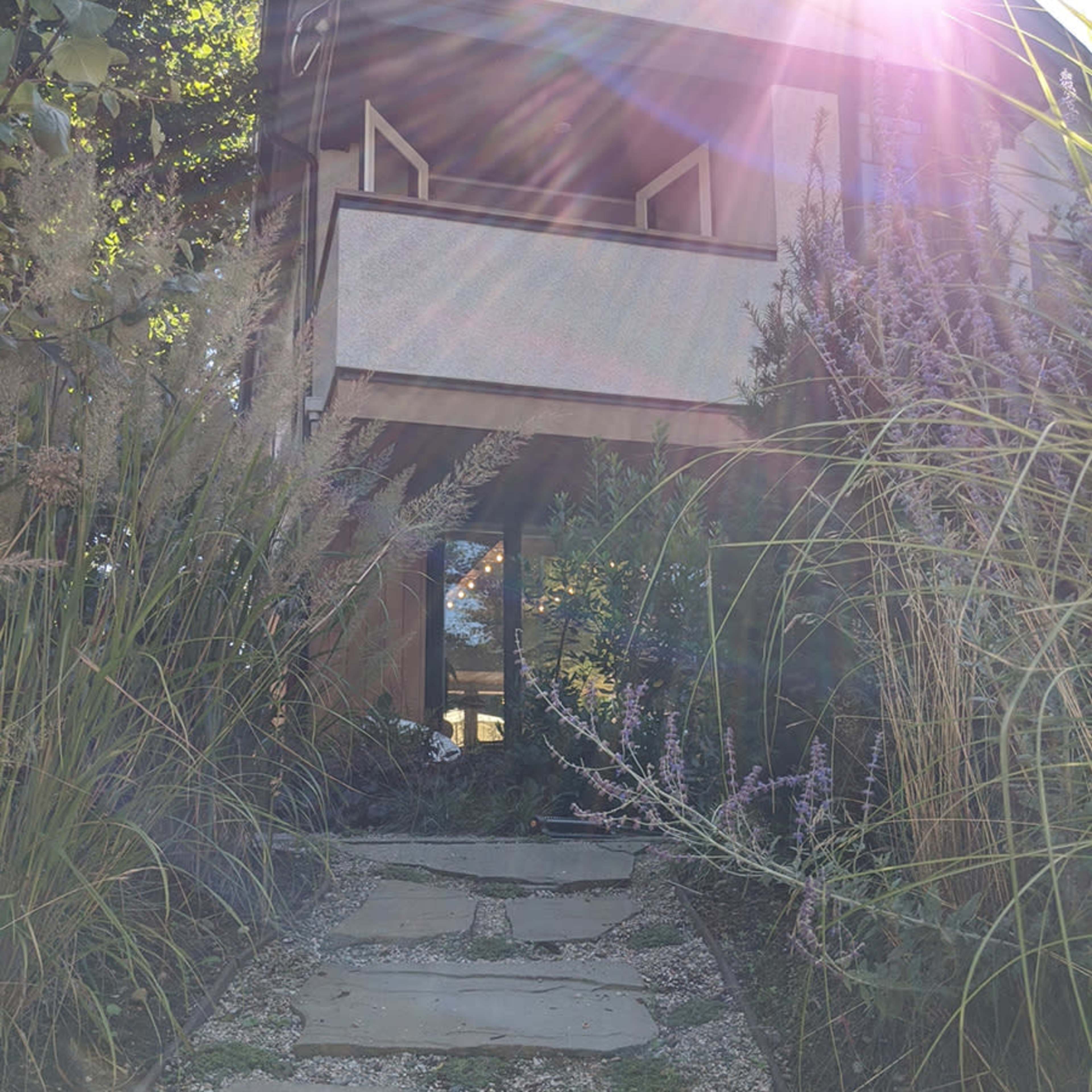 A pathway made of stone slabs leads to a modern house surrounded by tall grass and plants, with sunlight shining from the upper left.