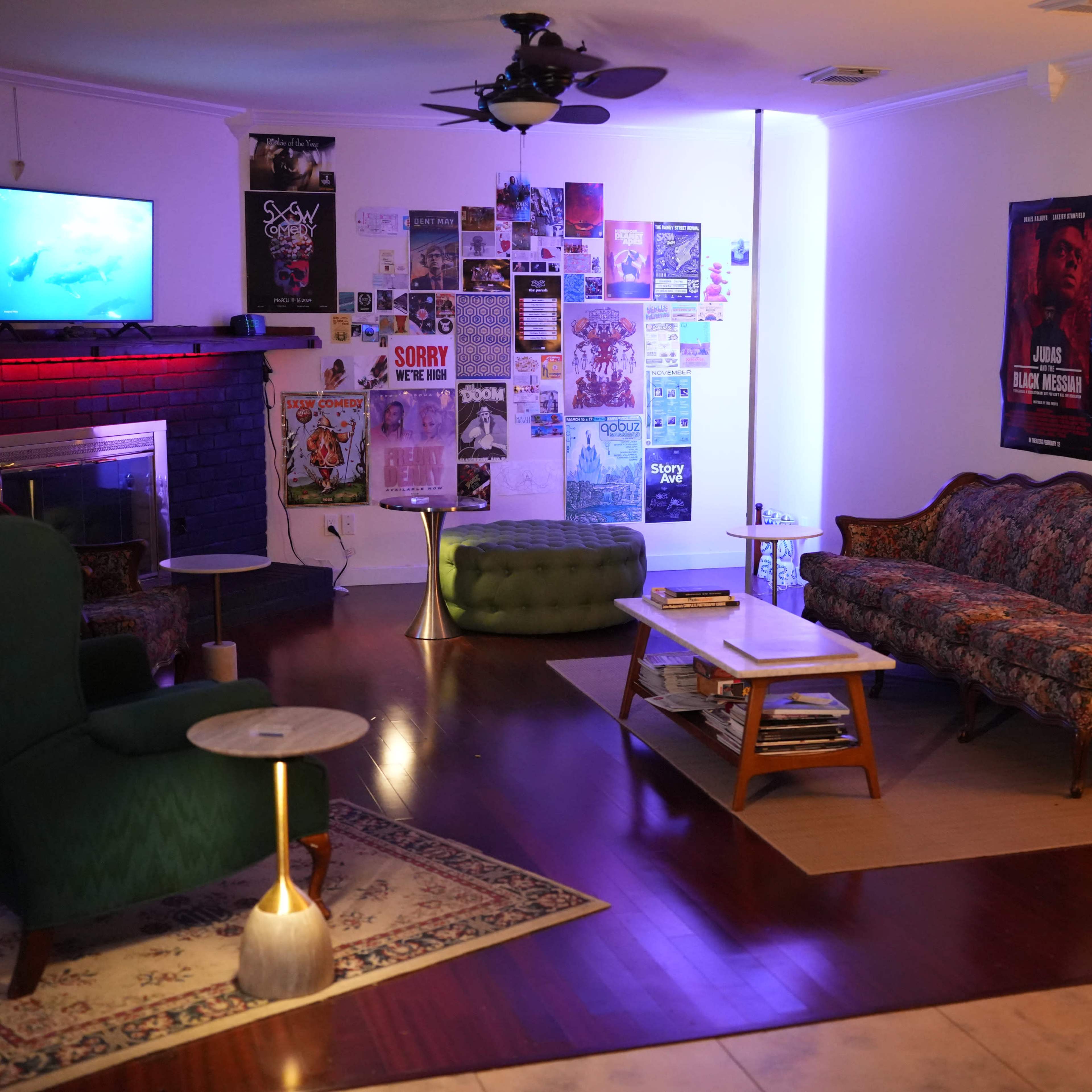 Funky Mid Century Living Room and UT Longhorn Room with Color Lights Image in Buckingham Ridge, Austin, TX