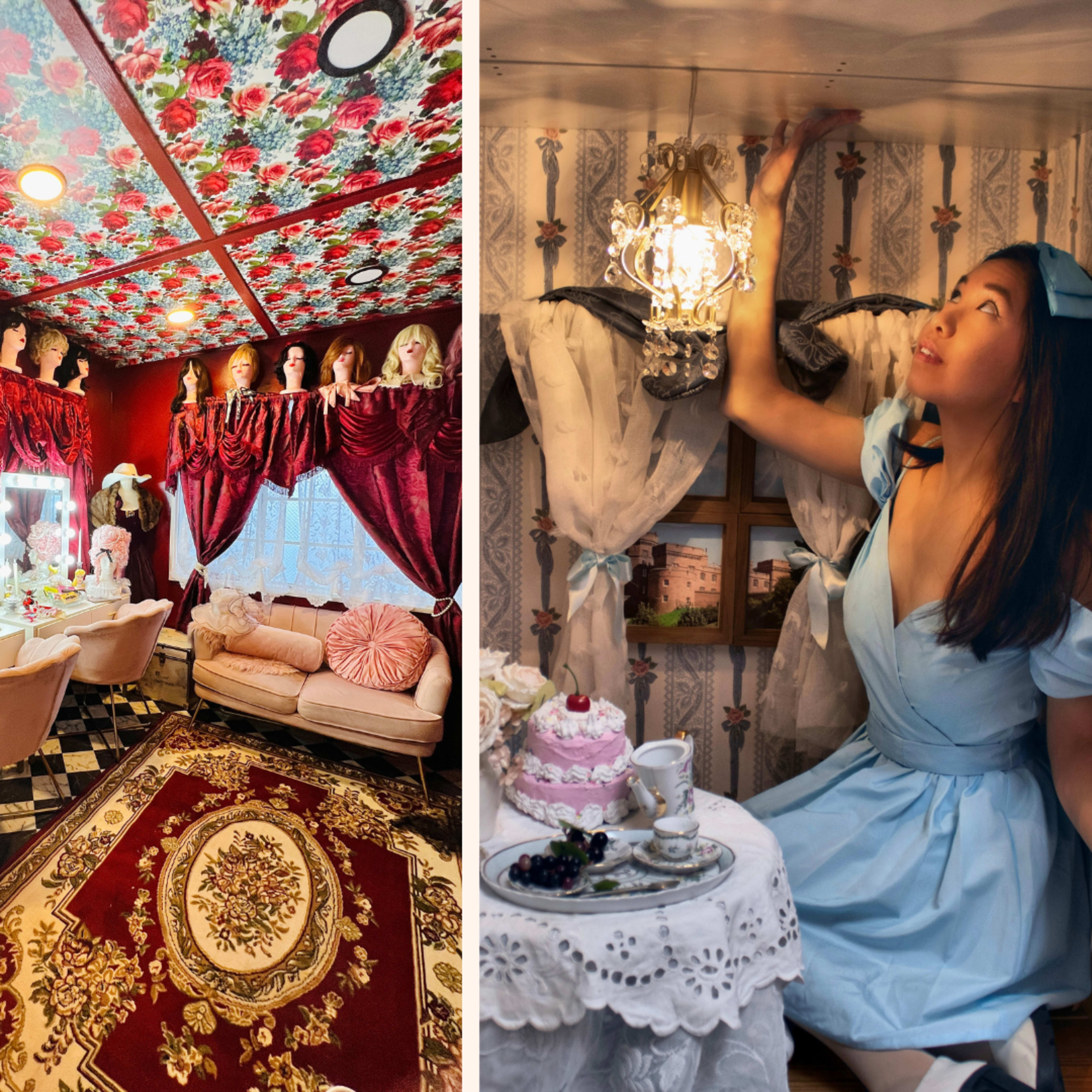Three distinct rooms: one filled with colorful dresses and a mirrored vanity, another with a pink seating area and floral décor, and a third featuring a woman in a blue dress reaching for a chandelier in a whimsical setting.