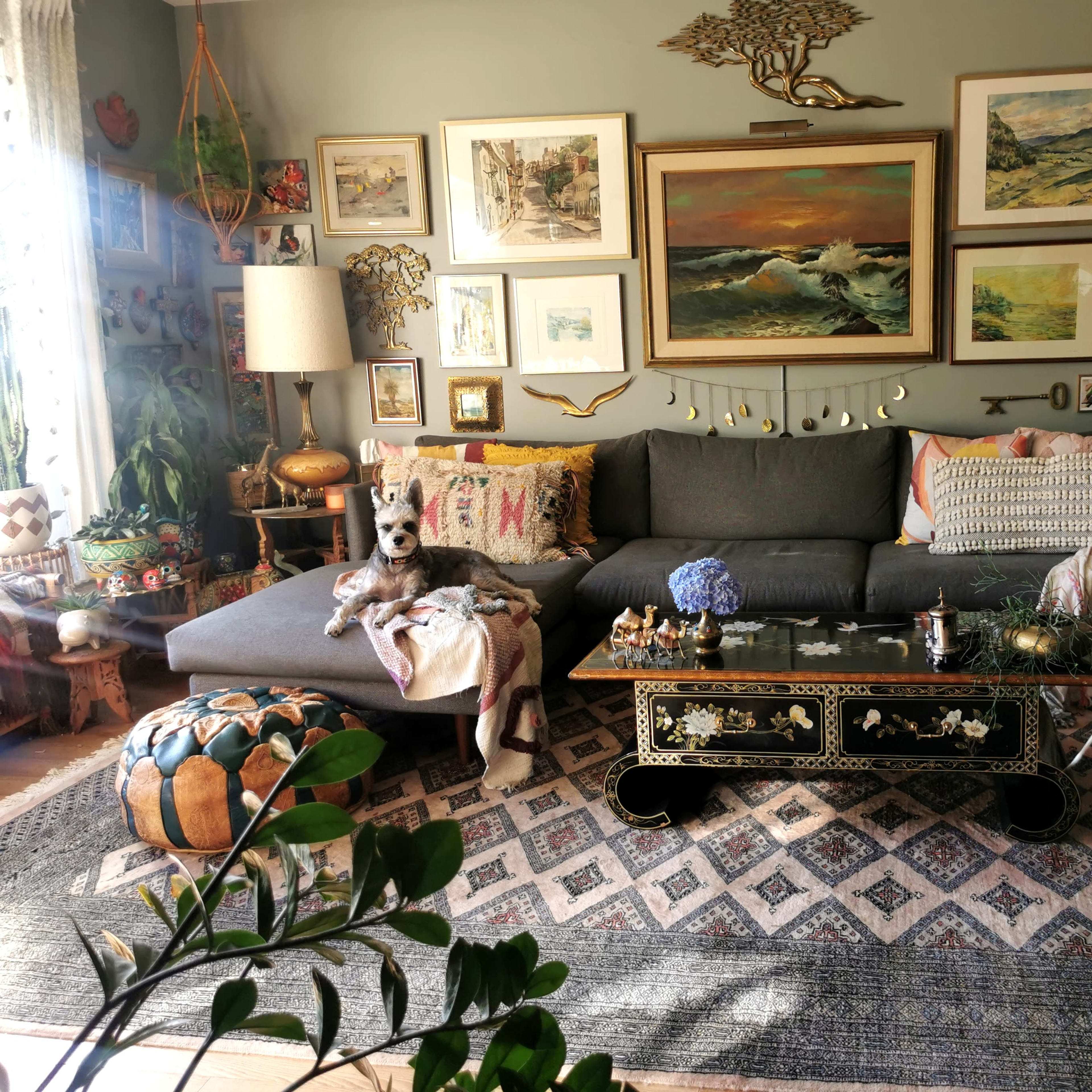 A living room features a gray sectional sofa adorned with colorful cushions, surrounded by framed artwork on the walls and various plants throughout the space.