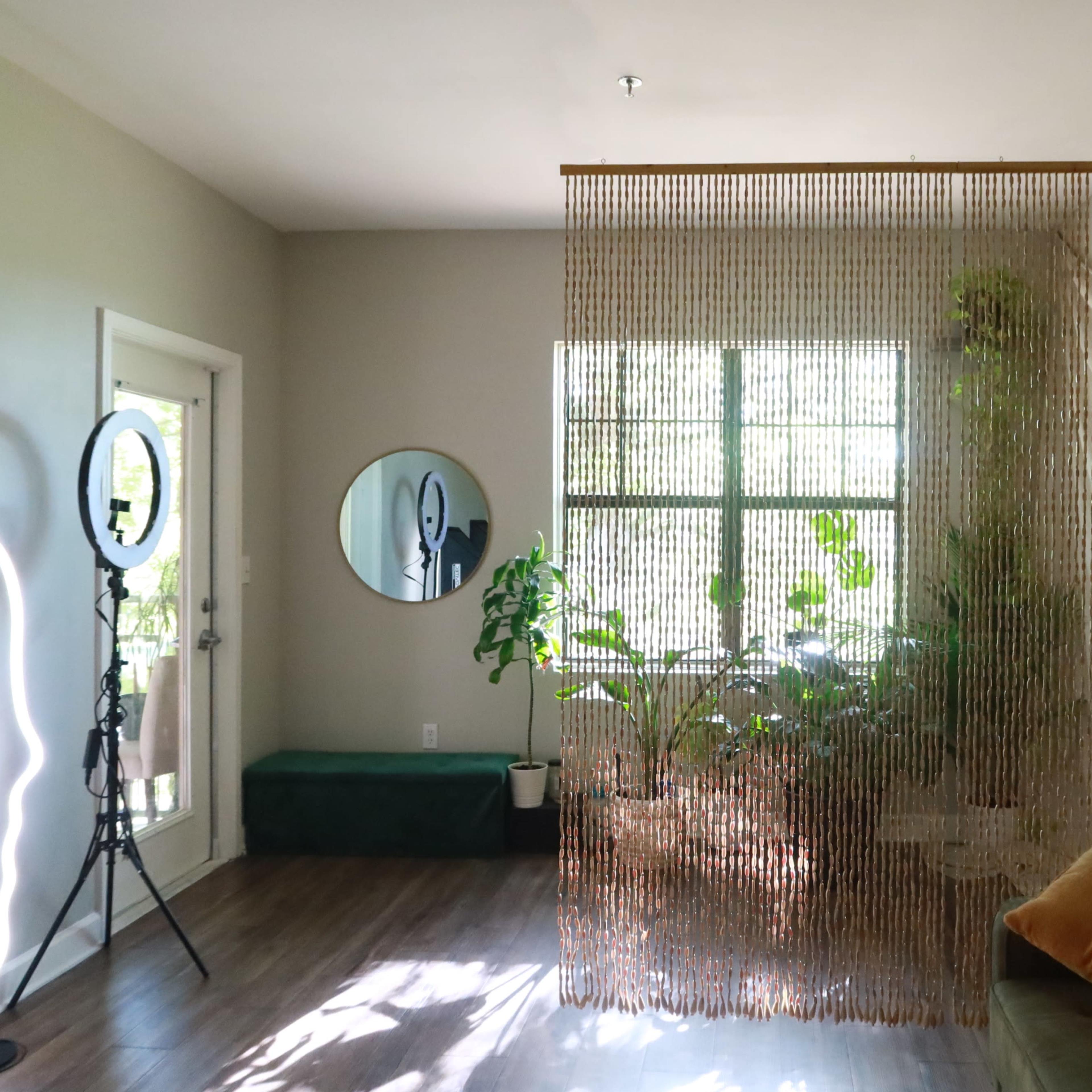 A well-lit room features a curtain of beads separating a sitting area from a small indoor garden with potted plants.