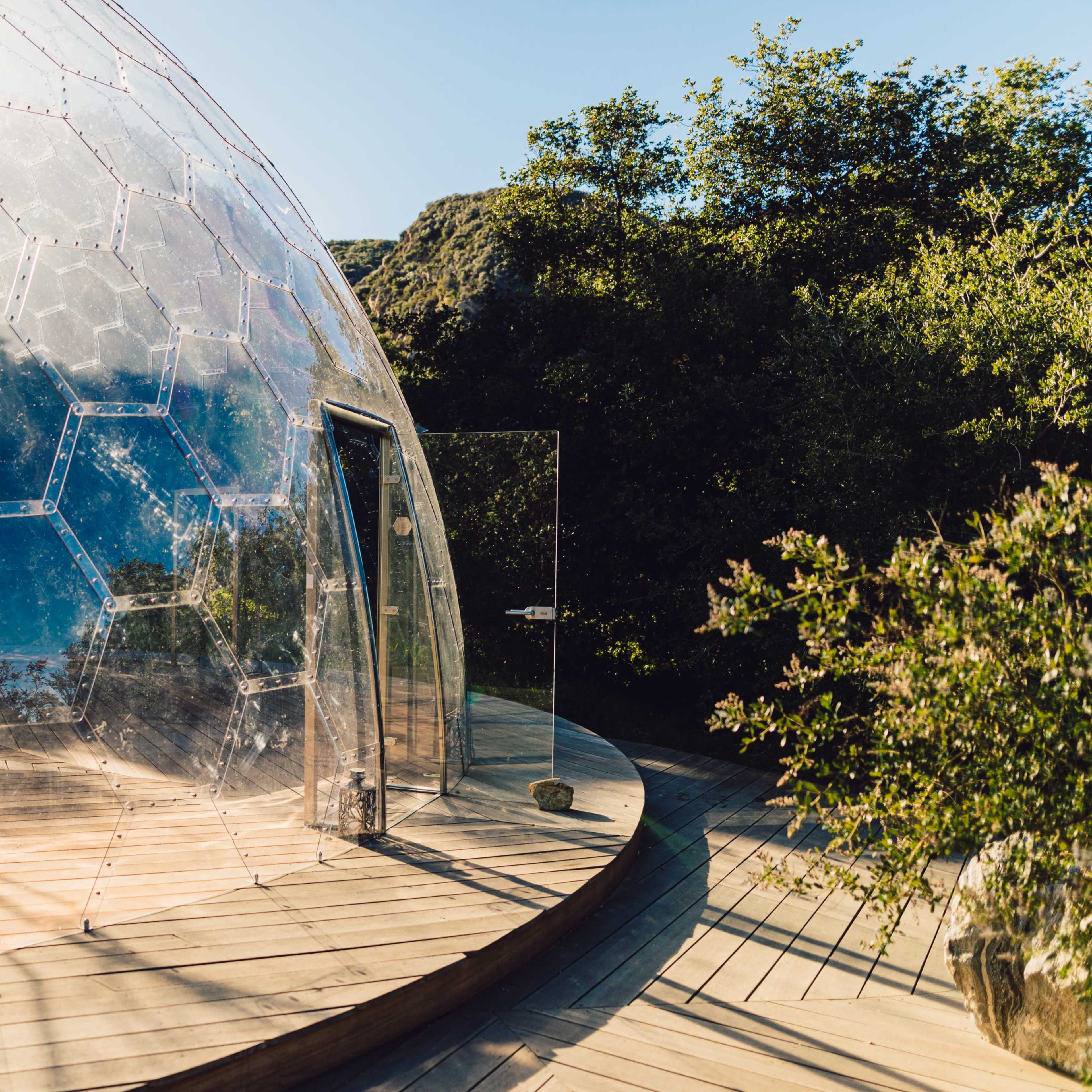 A transparent hexagonal structure sits on a wooden deck surrounded by greenery.
