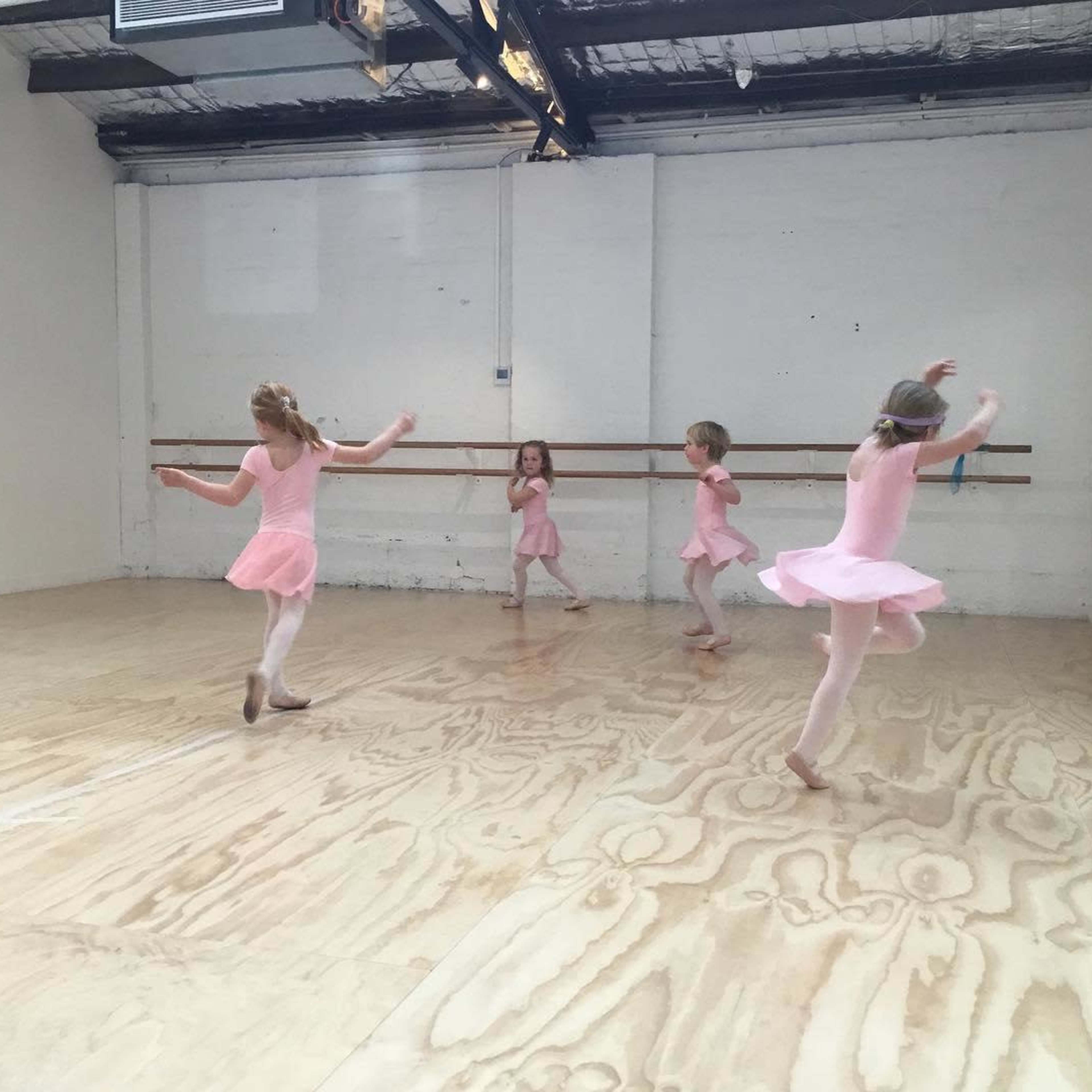 Five young girls in pink dance costumes are practicing ballet in a mirrored studio with wooden flooring.