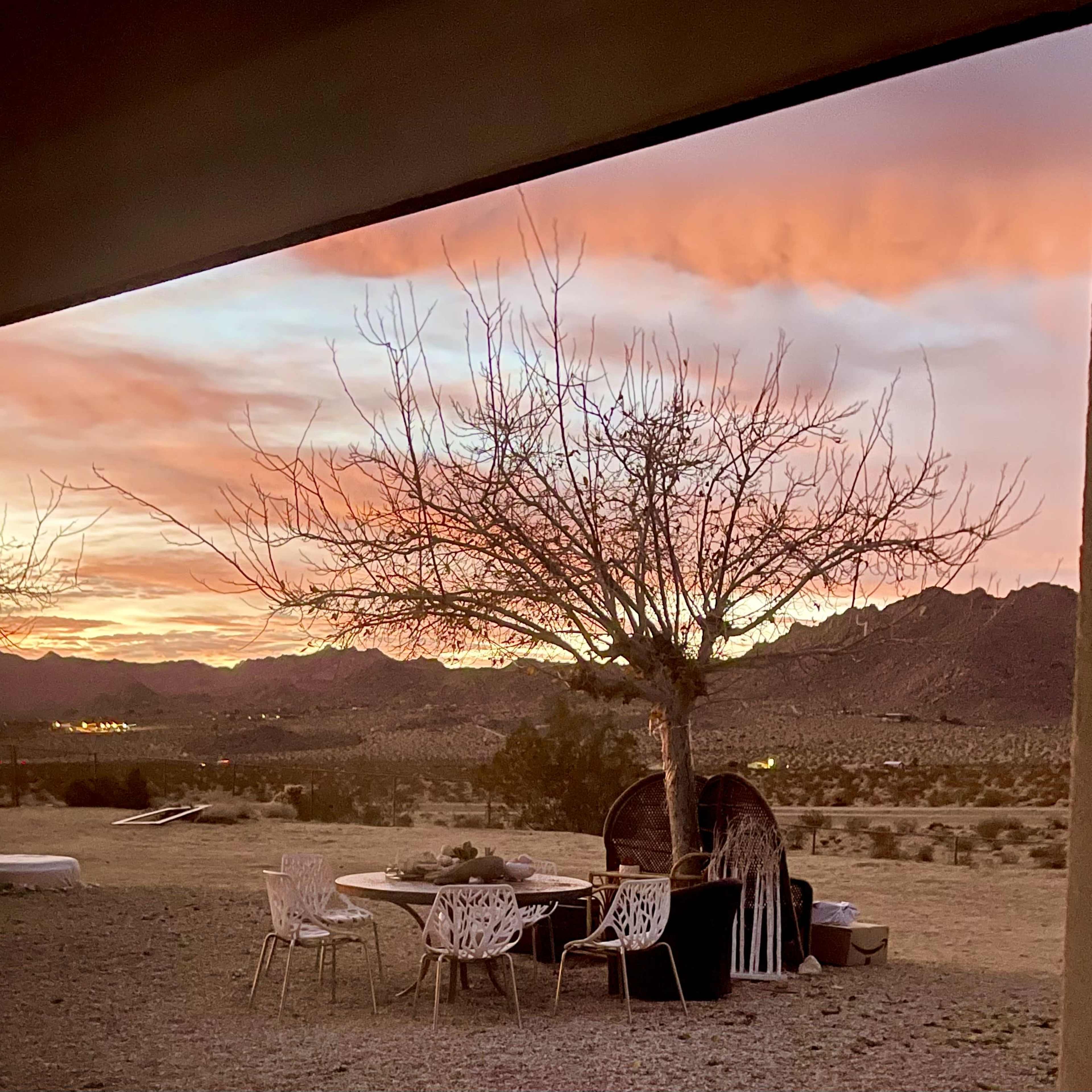 A view of a barren landscape with mountains in the background and a table set under a leafless tree at sunset.