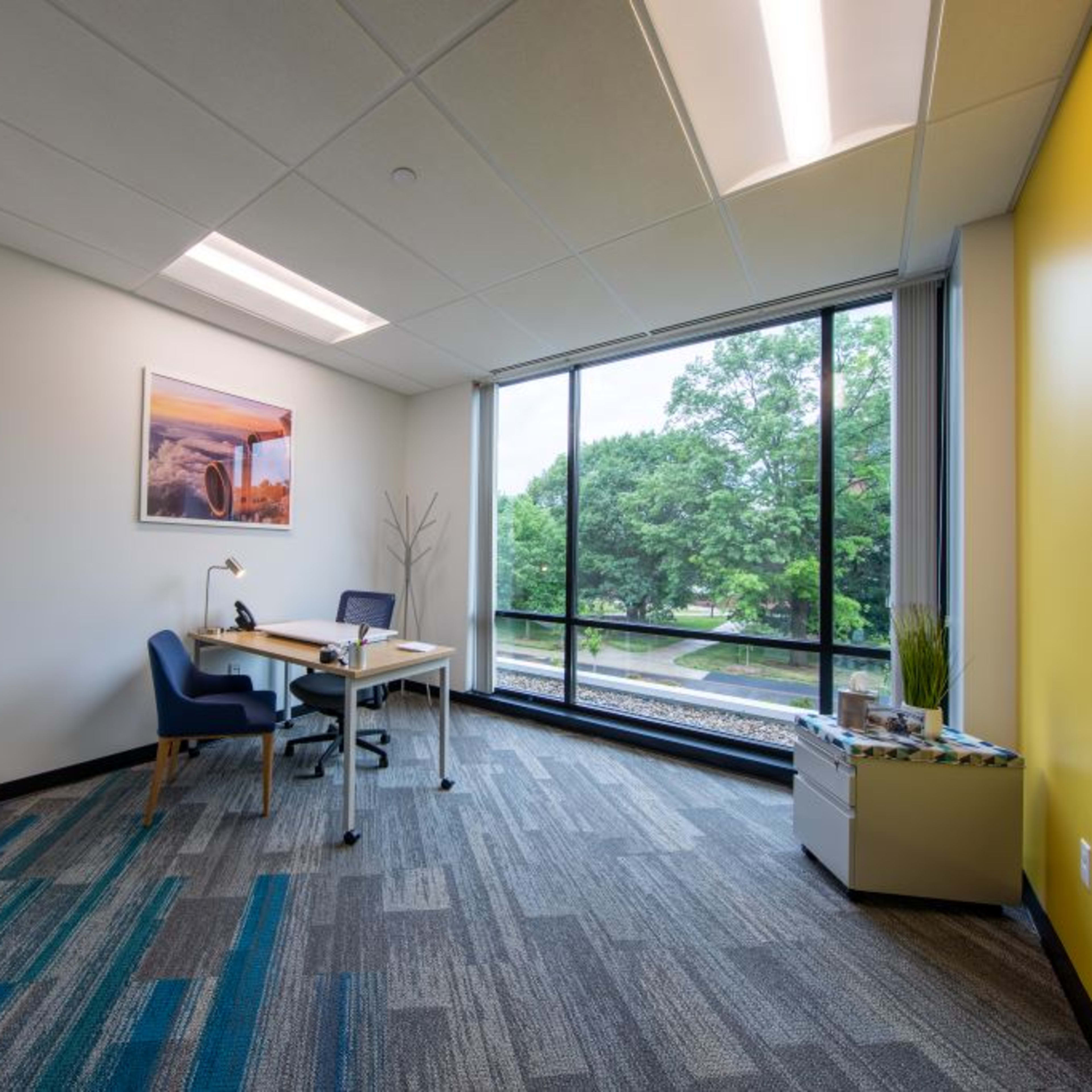 A modern office space featuring a desk, two chairs, a large window with a view of greenery, and a vibrant yellow accent wall.