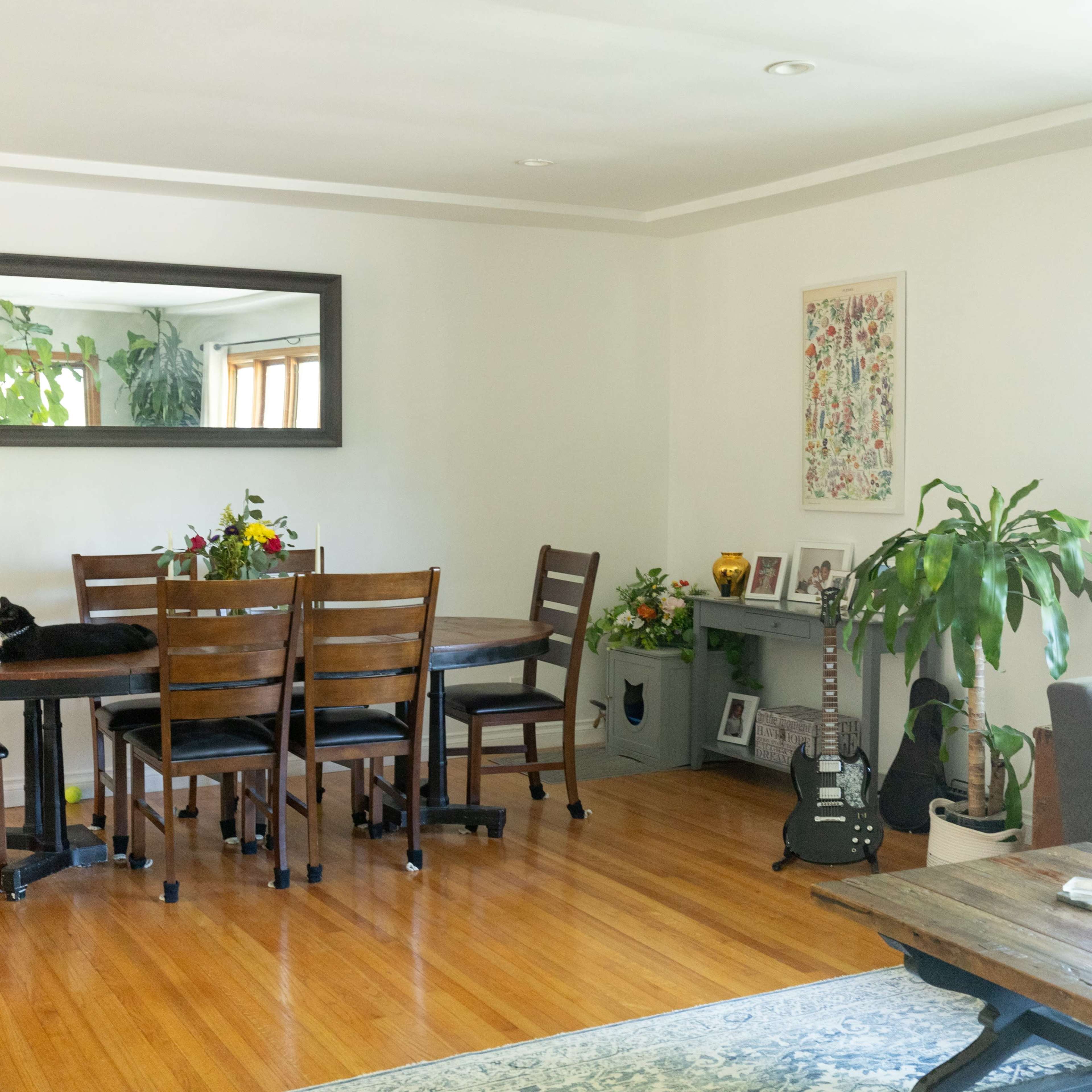 A dining area features a wooden table with chairs, a large mirror on the wall, plants, and a guitar near a couch.