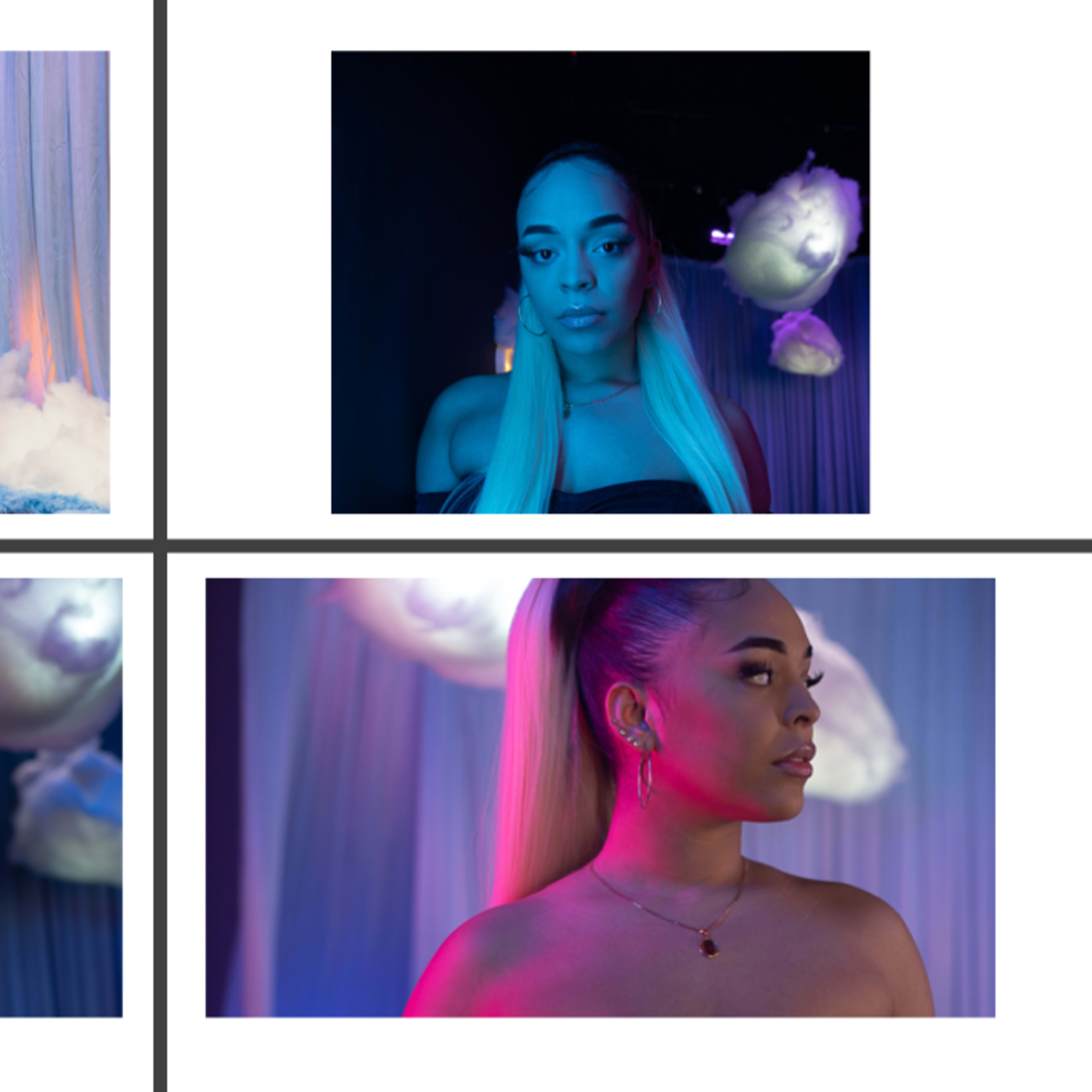 A model posing in various setups with soft lighting and cloud-like decorations in a stylized environment.