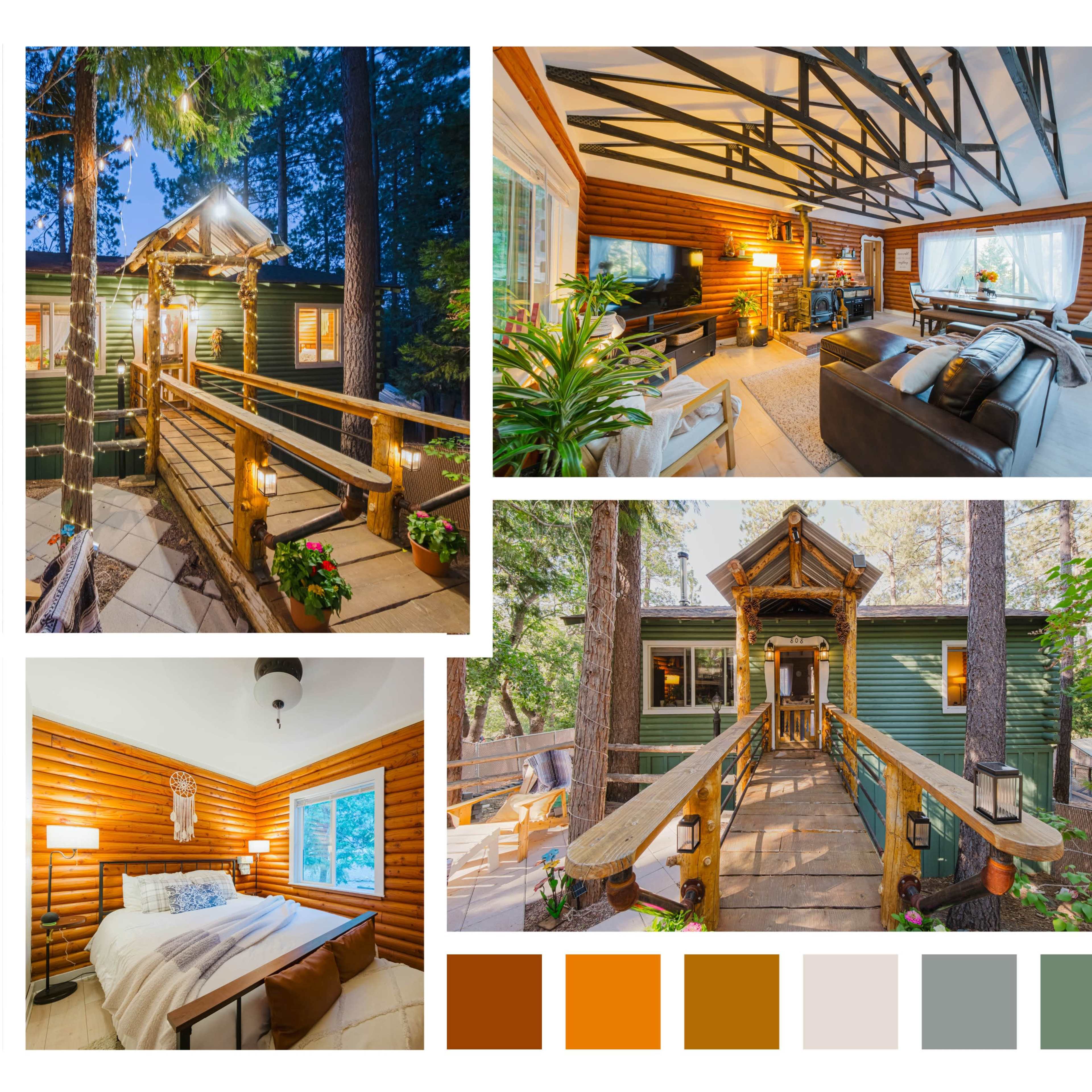A cozy cabin surrounded by trees, showcasing various interior and exterior views, including a living area, bedroom, and a children's slide on a playground.