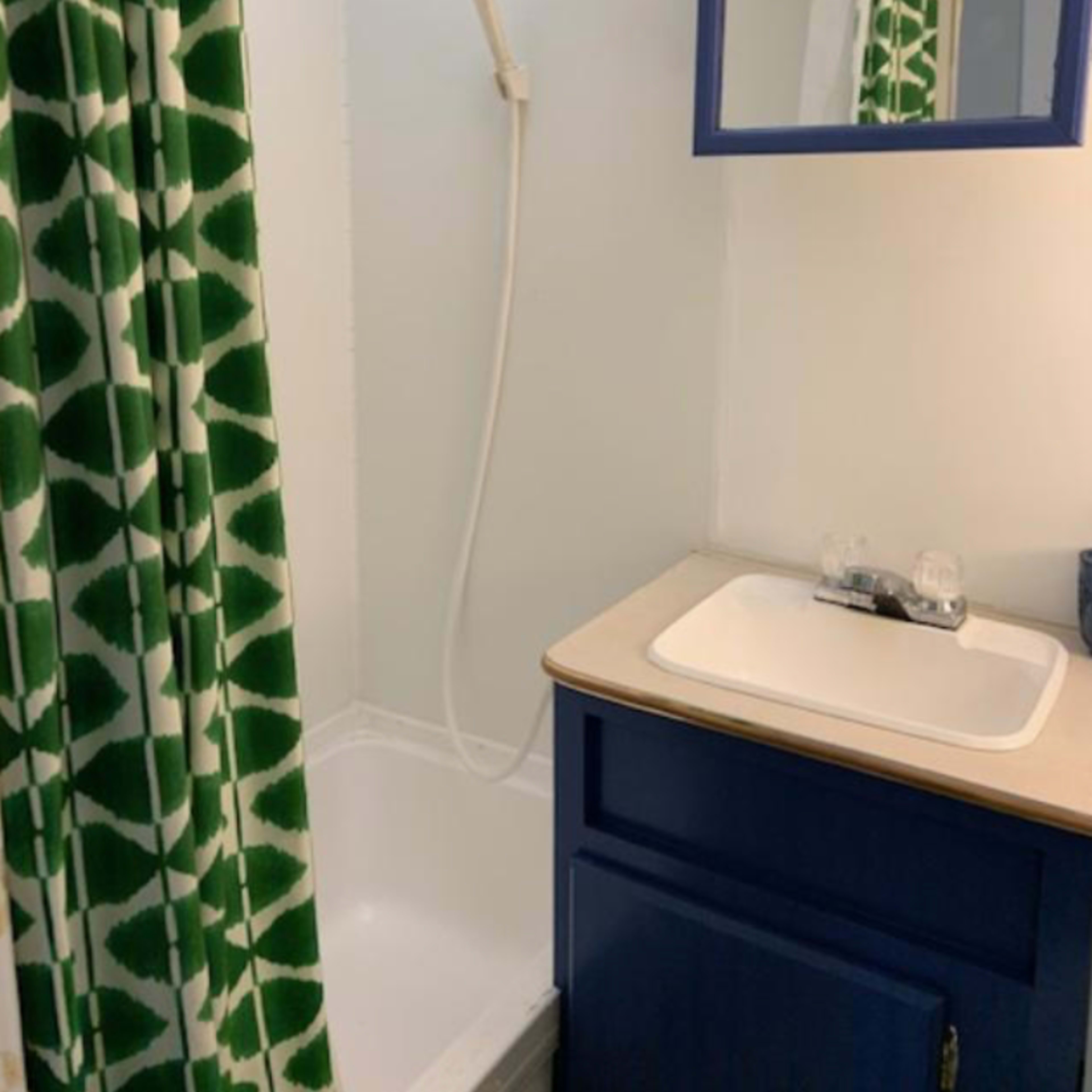 A small bathroom with a shower, a sink, and a mirror, featuring a green patterned shower curtain and blue cabinetry.