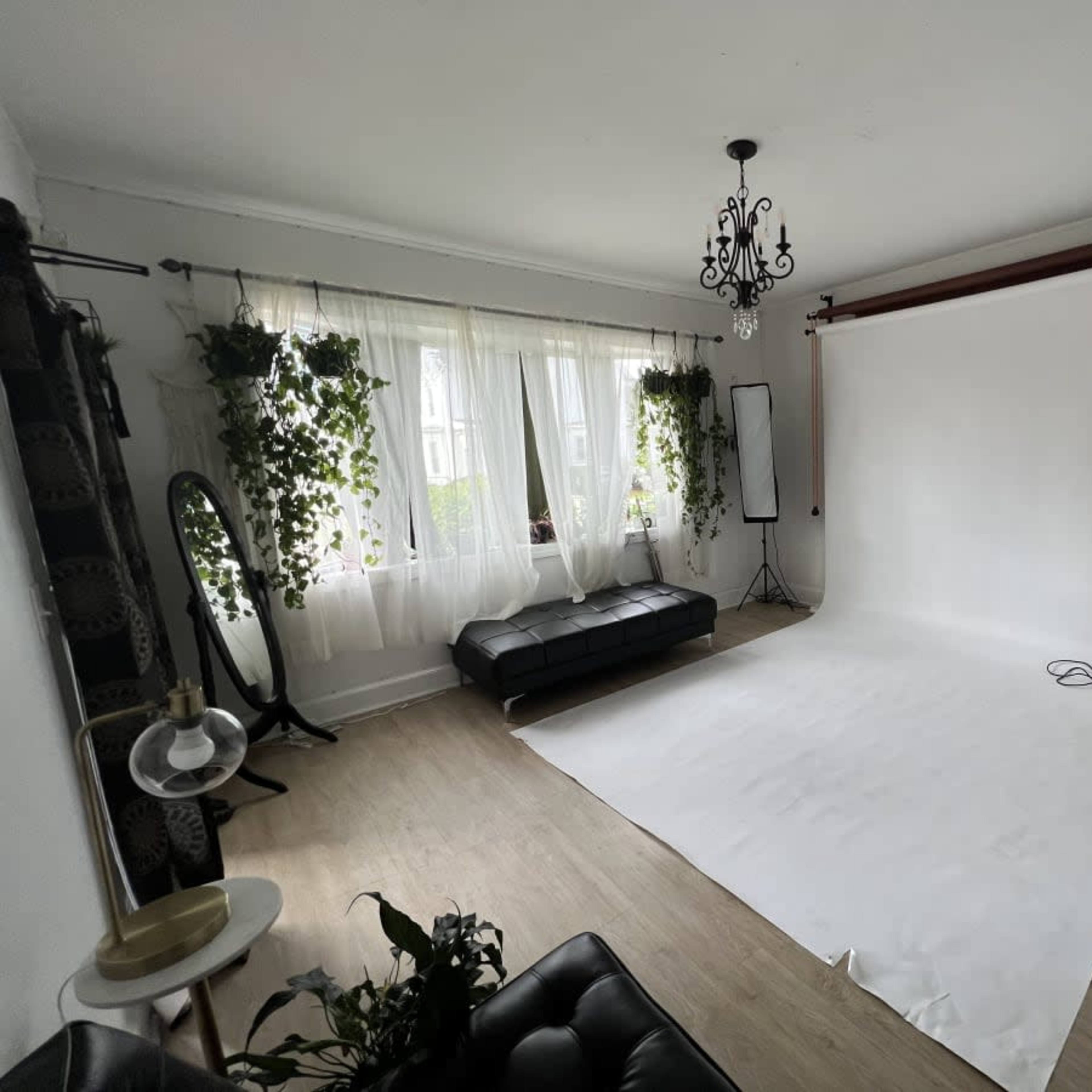 A well-lit photography studio with a white backdrop, dark leather couch, and decorative plants.