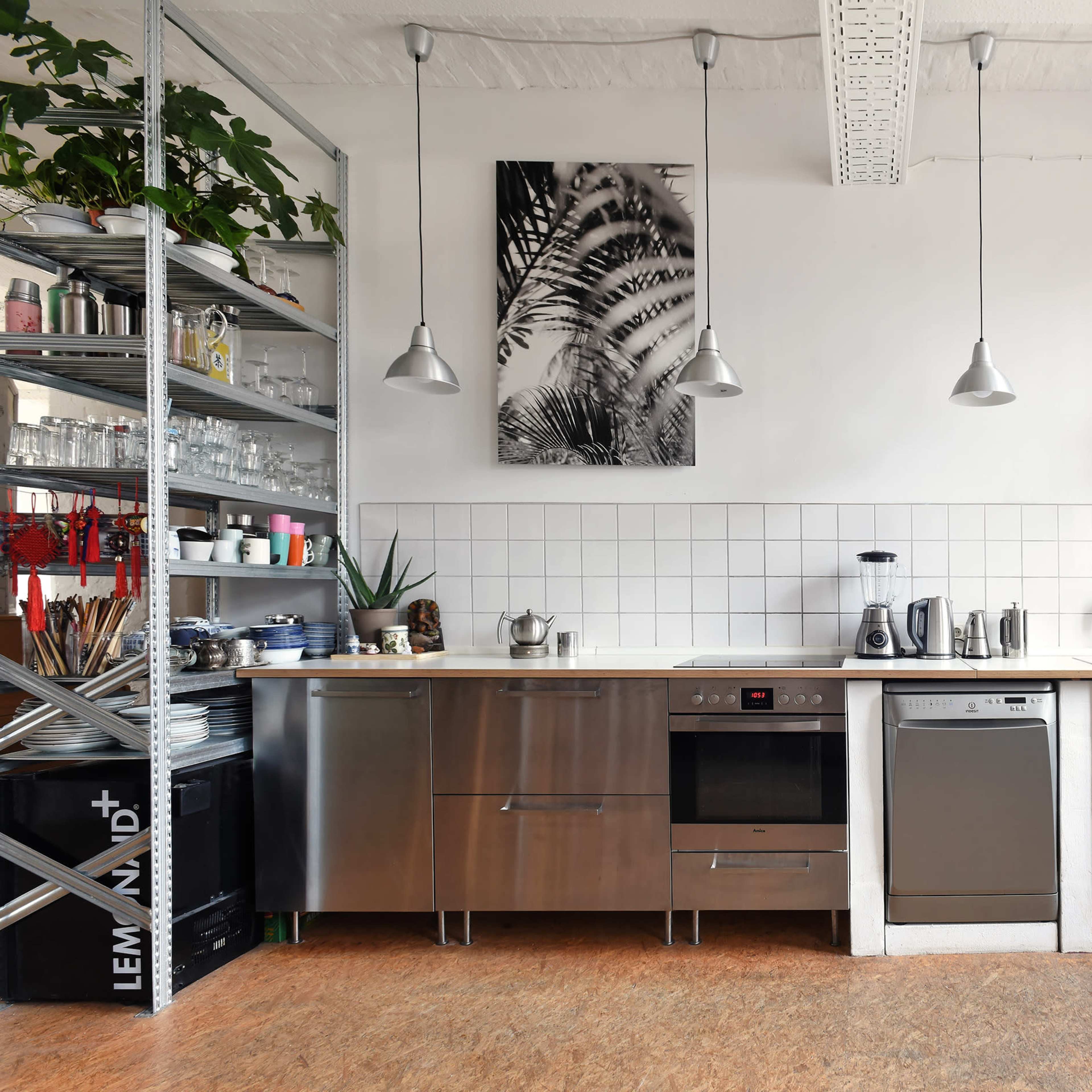 A modern kitchen with stainless steel appliances, open shelving, and a bright window featuring potted plants and red flowers.