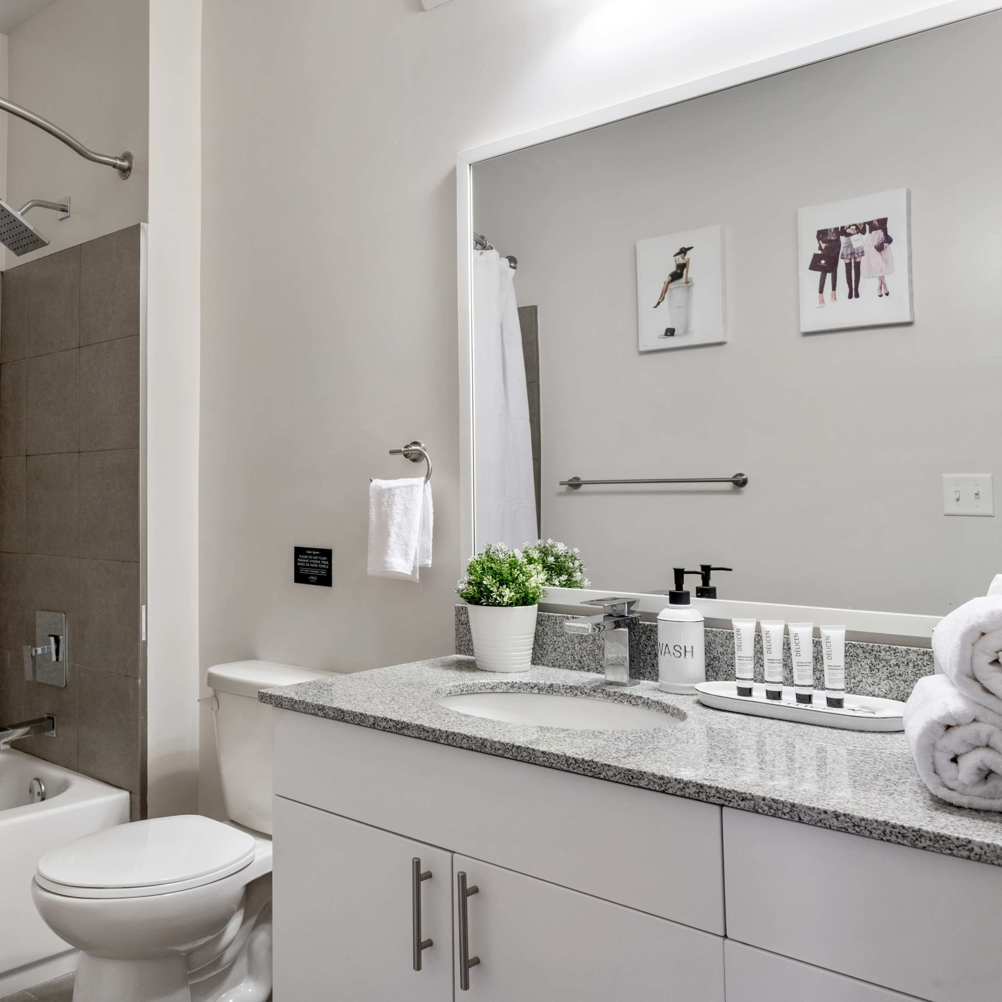 A modern bathroom featuring a bathtub with a shower curtain, a toilet, a sink with a granite countertop, and decorative items on the counter.