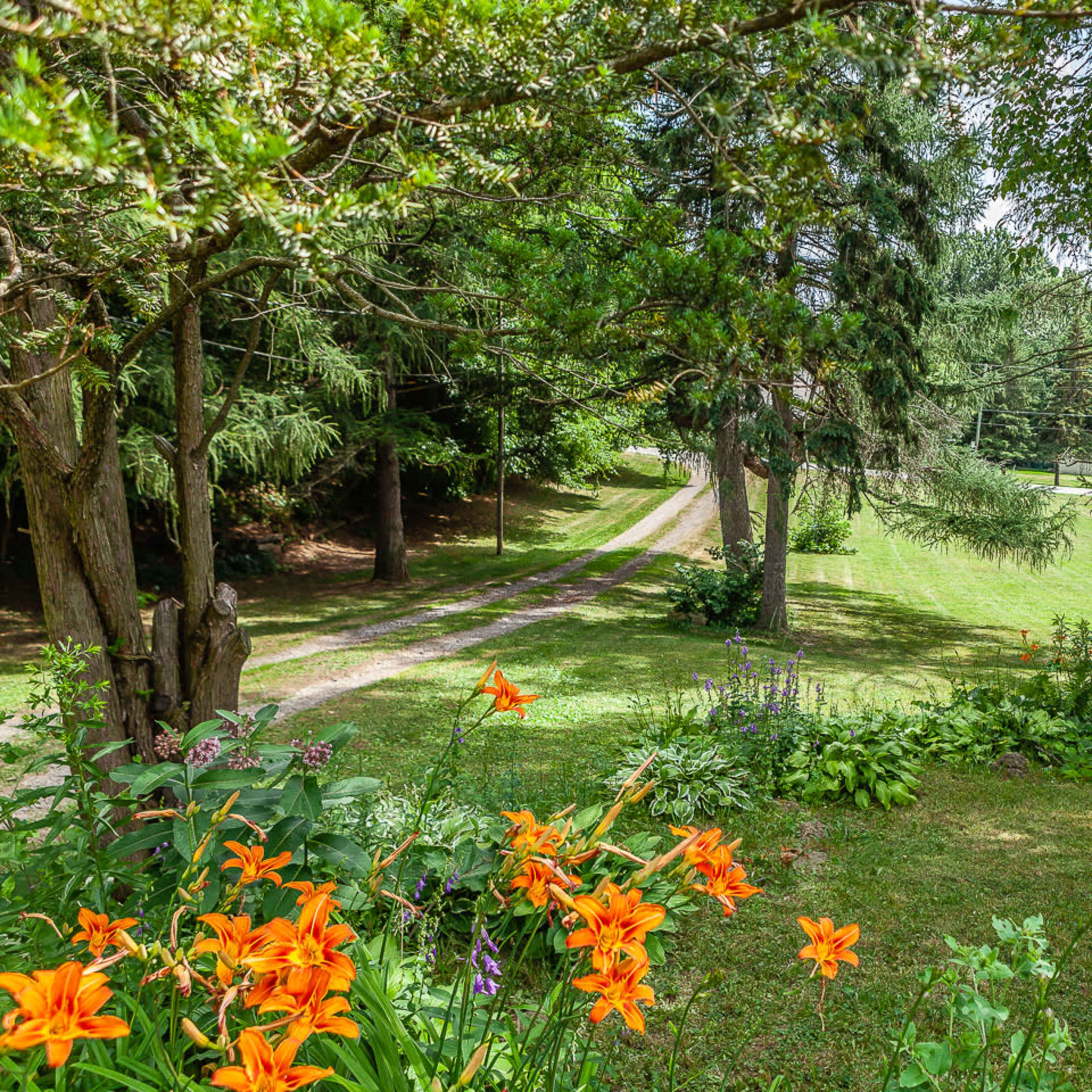 A gravel path winds through a lush green landscape, framed by trees and colorful flowers in the foreground.
