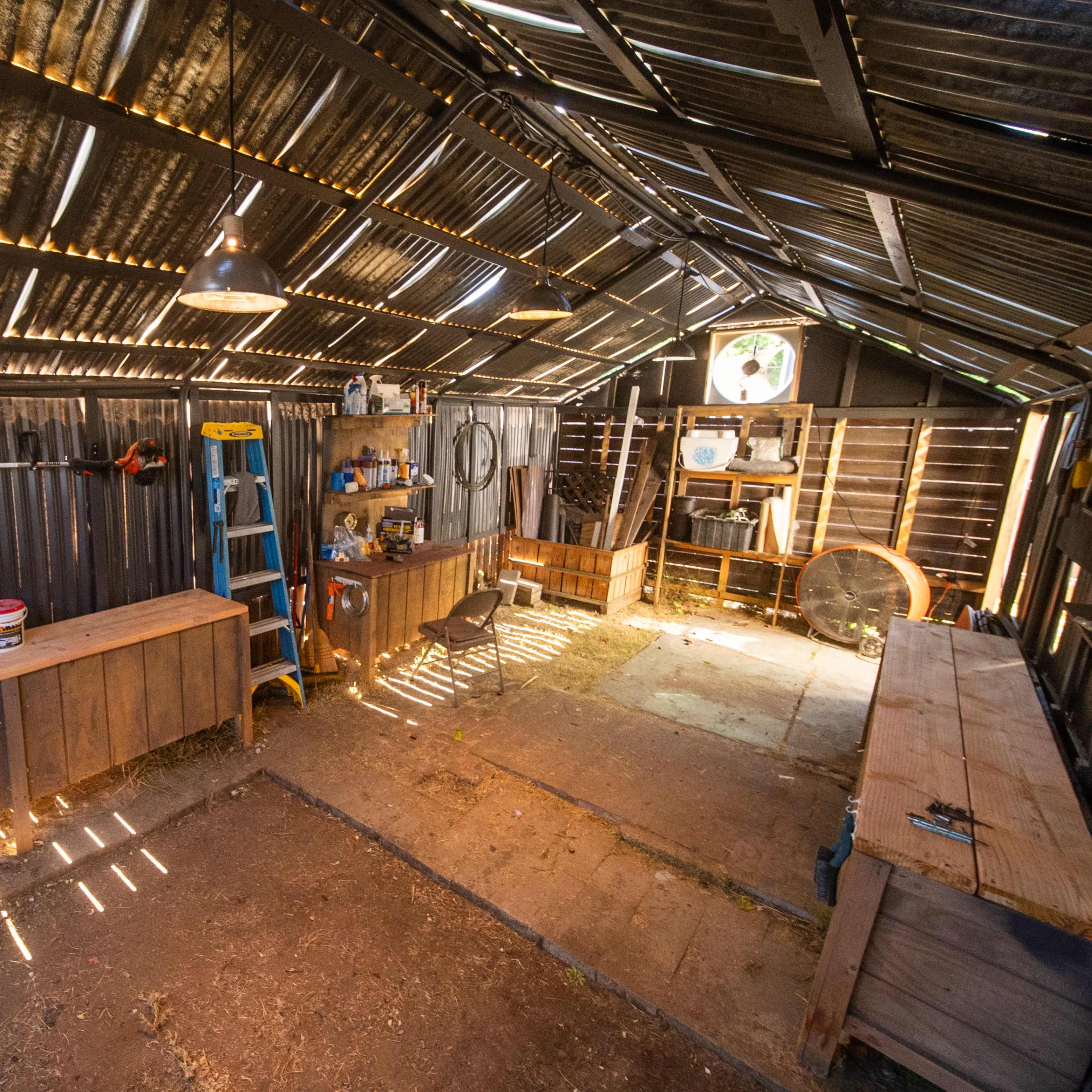 The interior of a shed features wooden benches, shelves with paint cans, and sunlight streaming through the gaps in the corrugated metal roof.