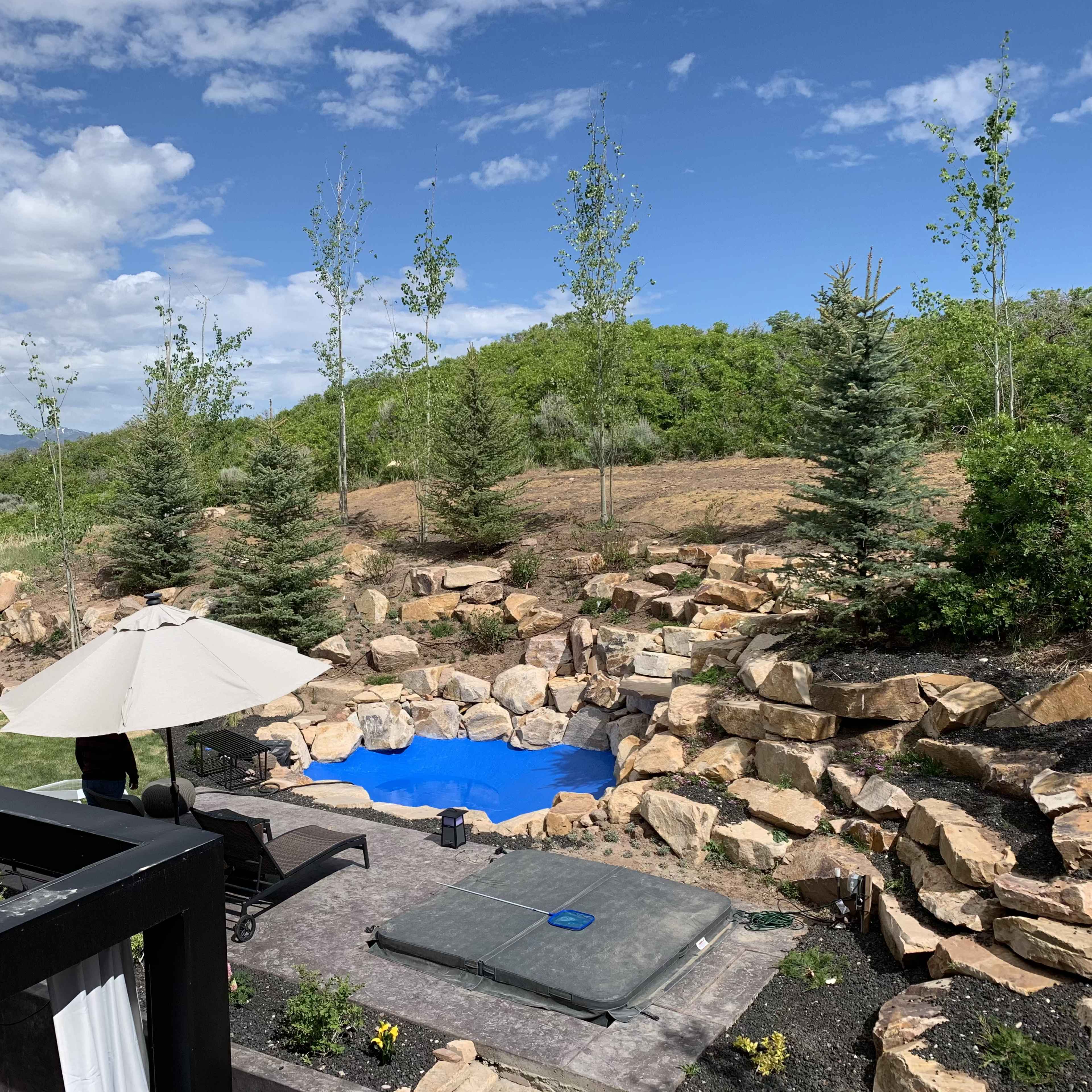 A landscaped backyard featuring a blue pool surrounded by large rocks, trees, and an umbrella over a lounge area.
