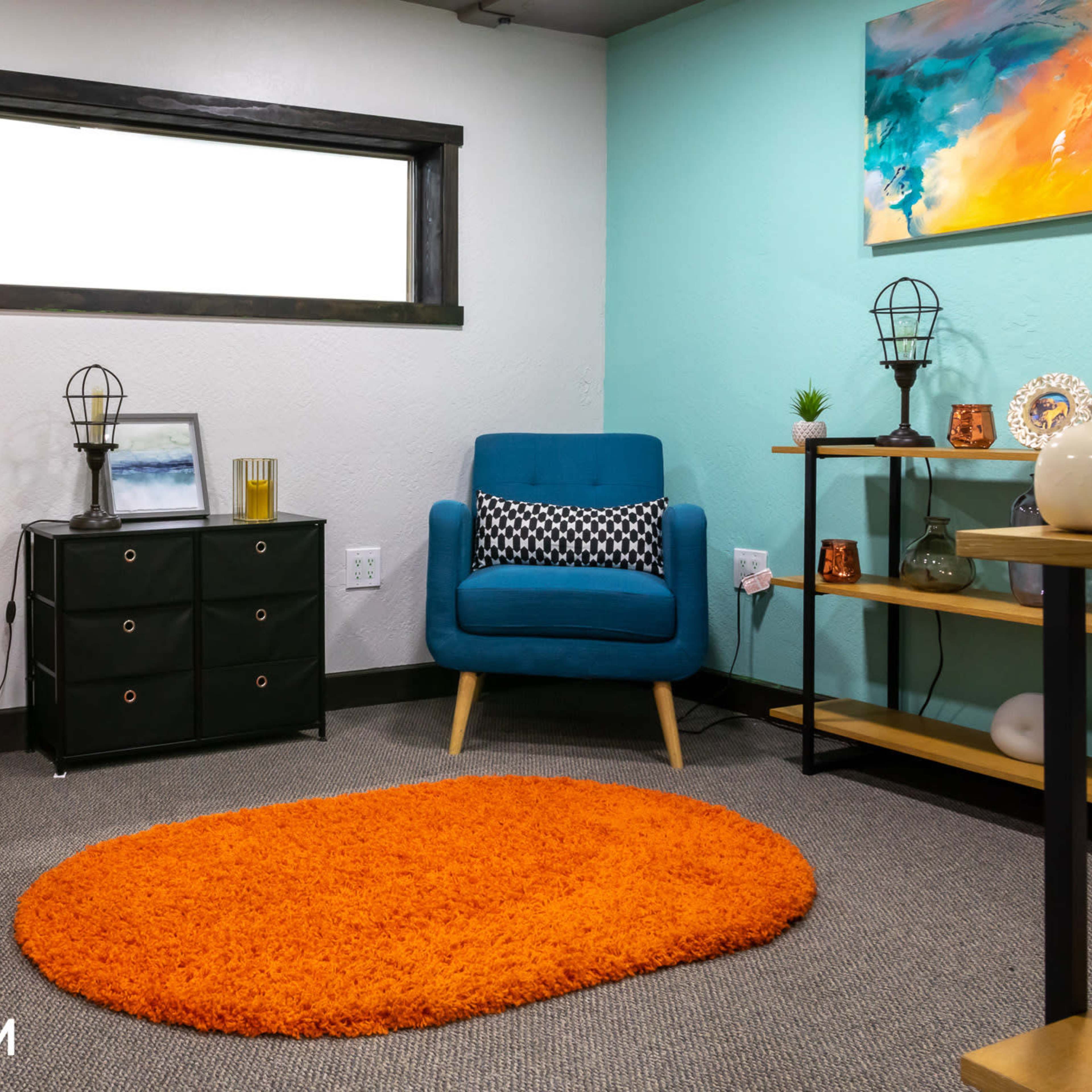 A small, well-lit room with two chairs, one orange and one blue, a black storage unit, a round orange rug, and a teal accent wall.