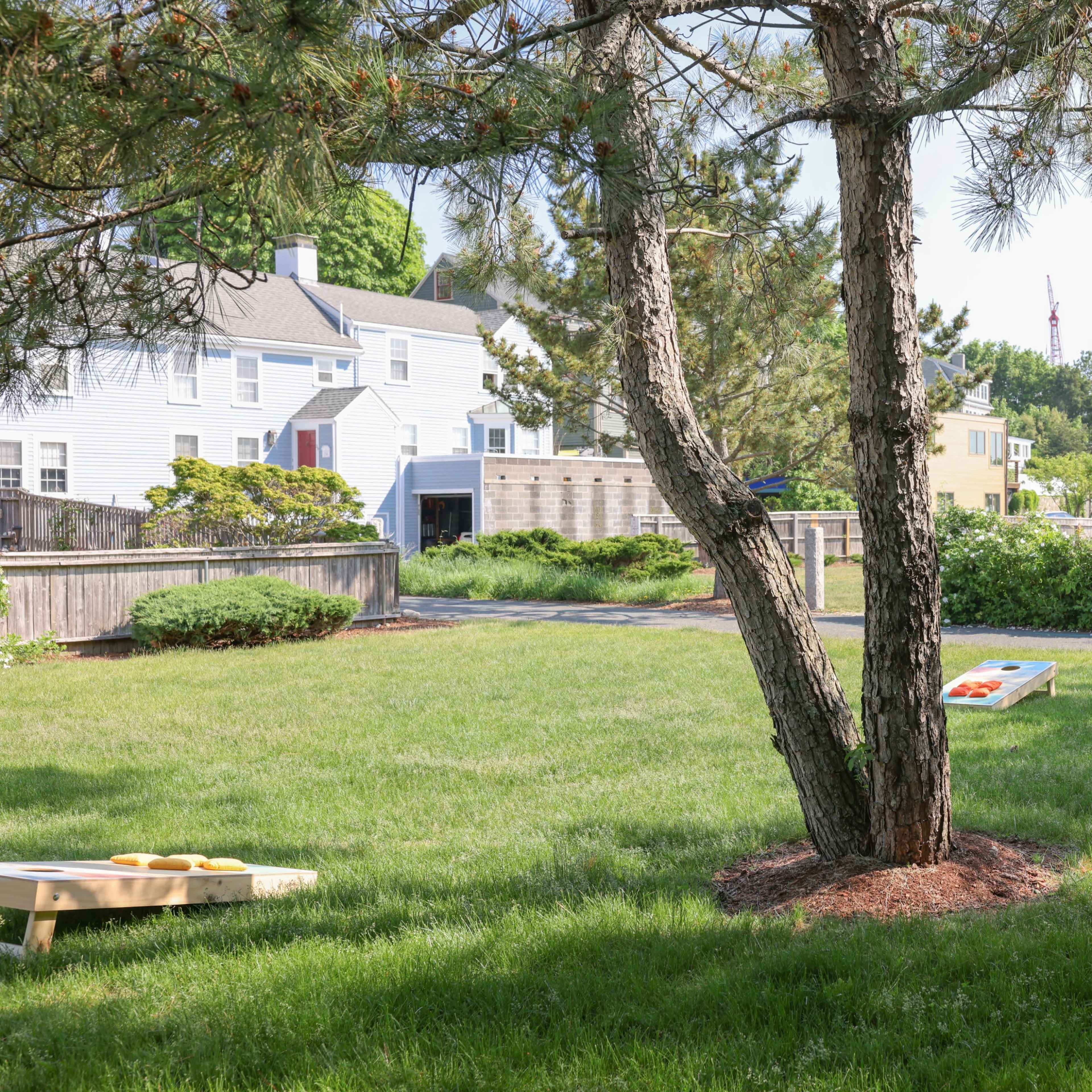 A grassy yard with a tree at the center, flanked by houses and visible game boards on the ground.