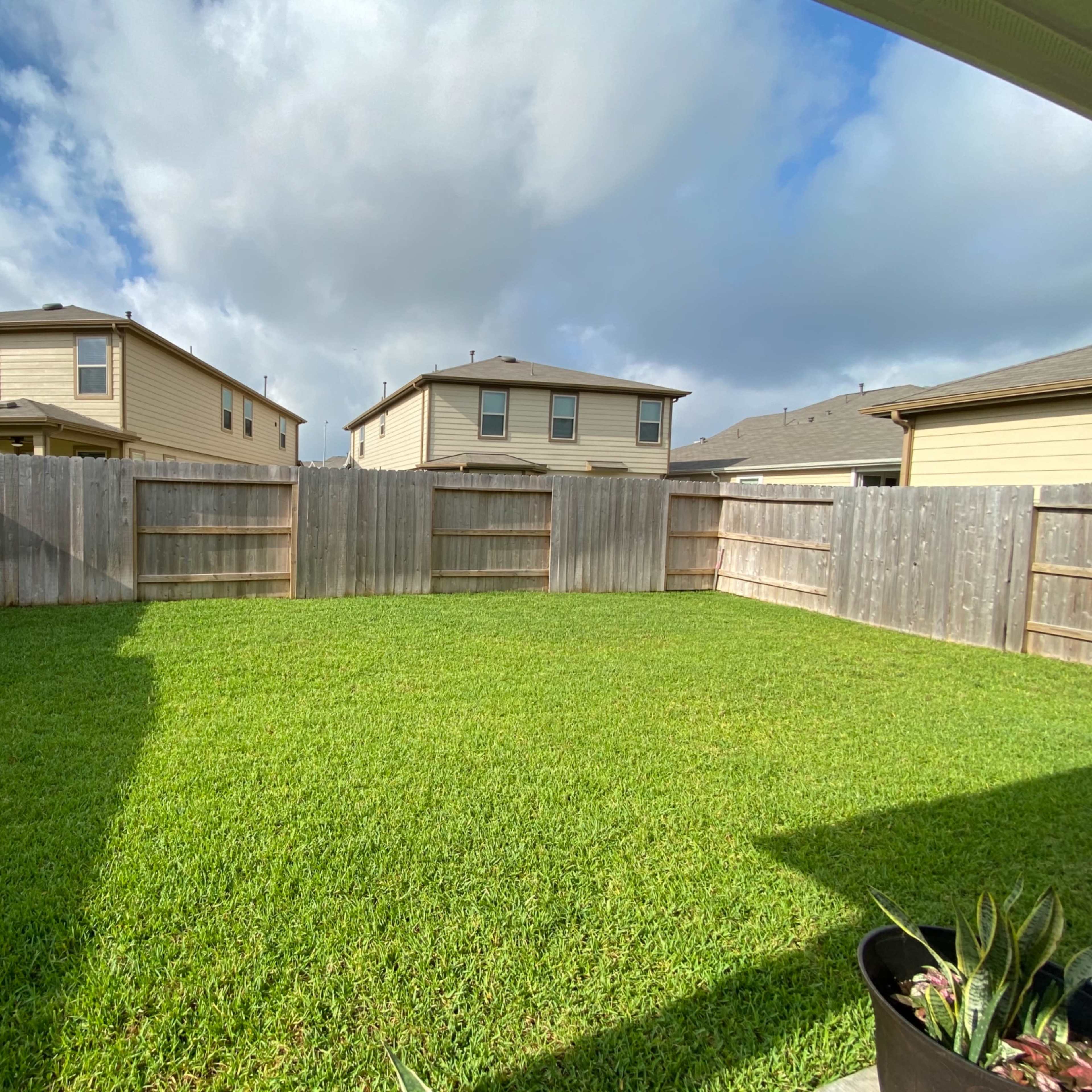 A fenced backyard with green grass and neighboring houses in the background under a partly cloudy sky.
