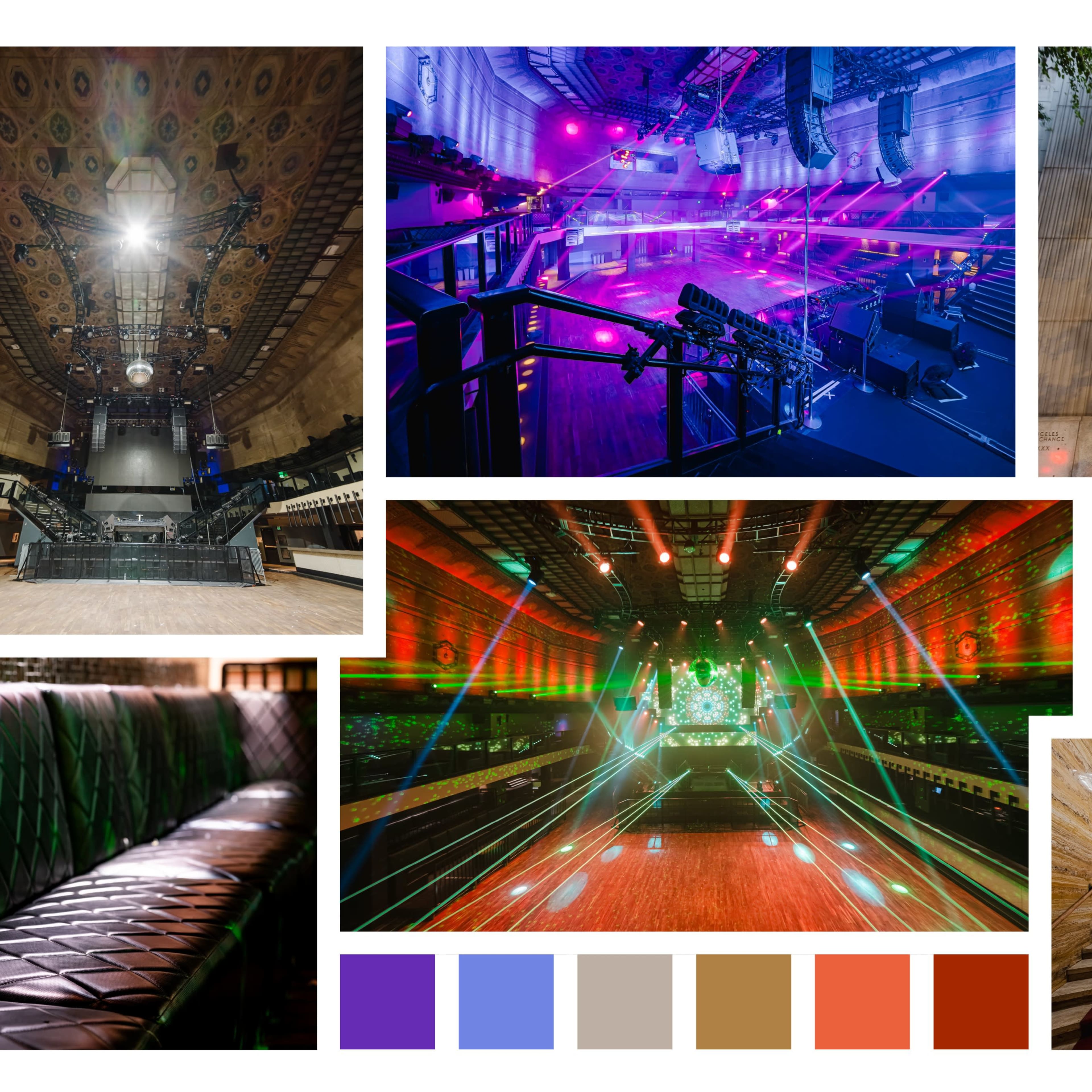 A montage of a concert venue featuring various perspectives, including a stage with light effects, an ornate ceiling, plush seating, and the entrance to the building.