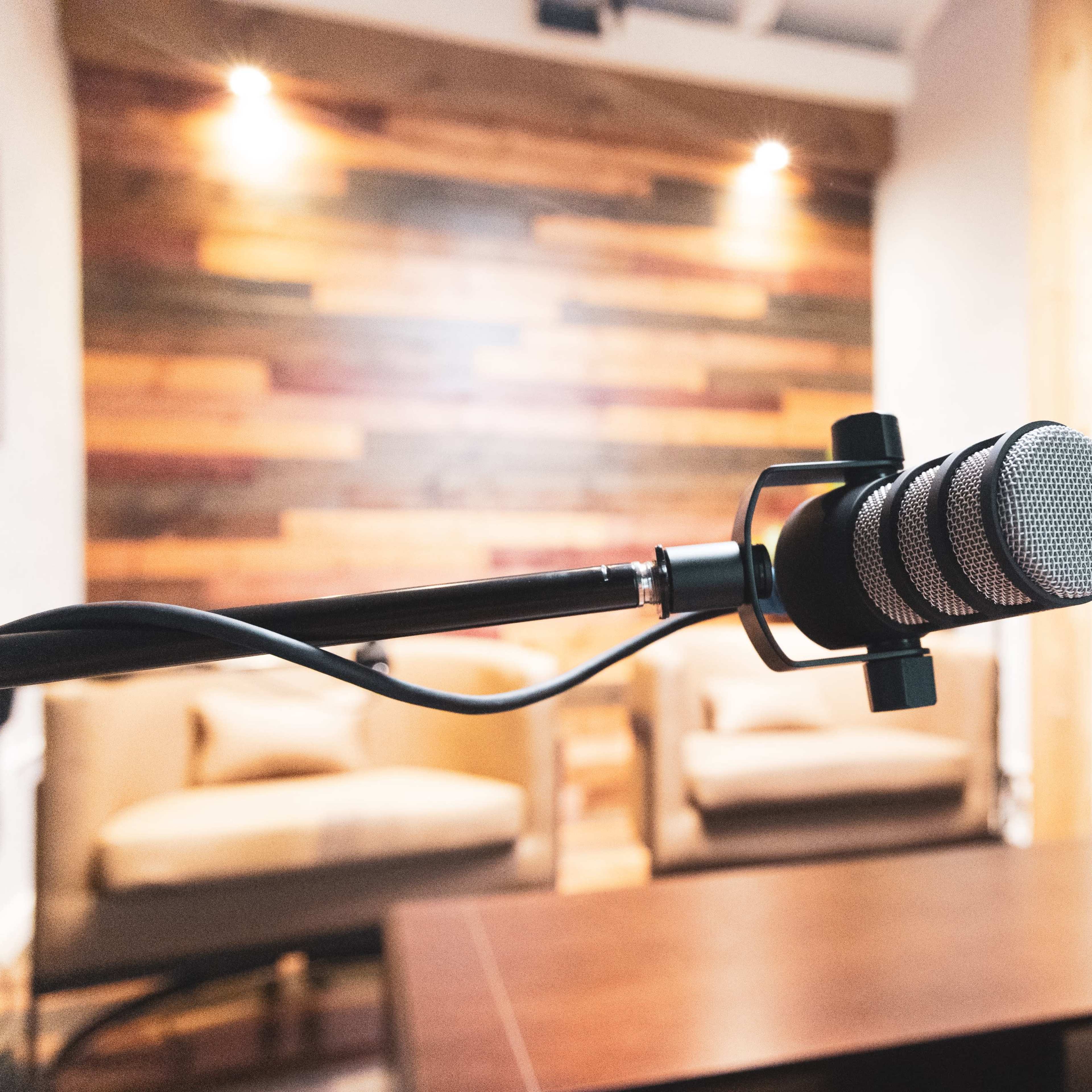 A microphone is positioned in the foreground of a room featuring a wooden accent wall and two couches.