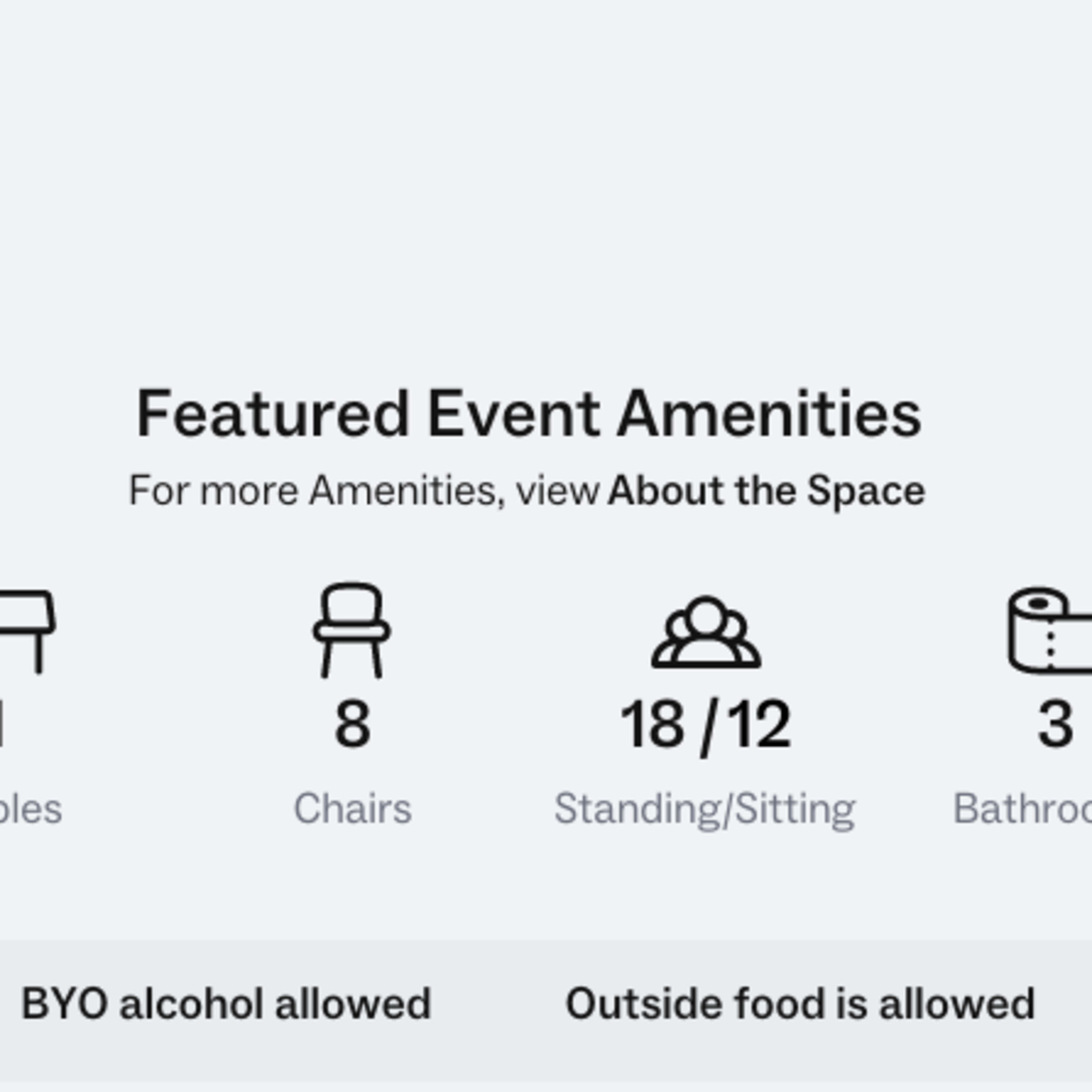 A list of featured event amenities, including one table, eight chairs, a capacity of 18 standing or 12 sitting, and three bathrooms, with notes indicating that outside food and BYO alcohol are allowed.