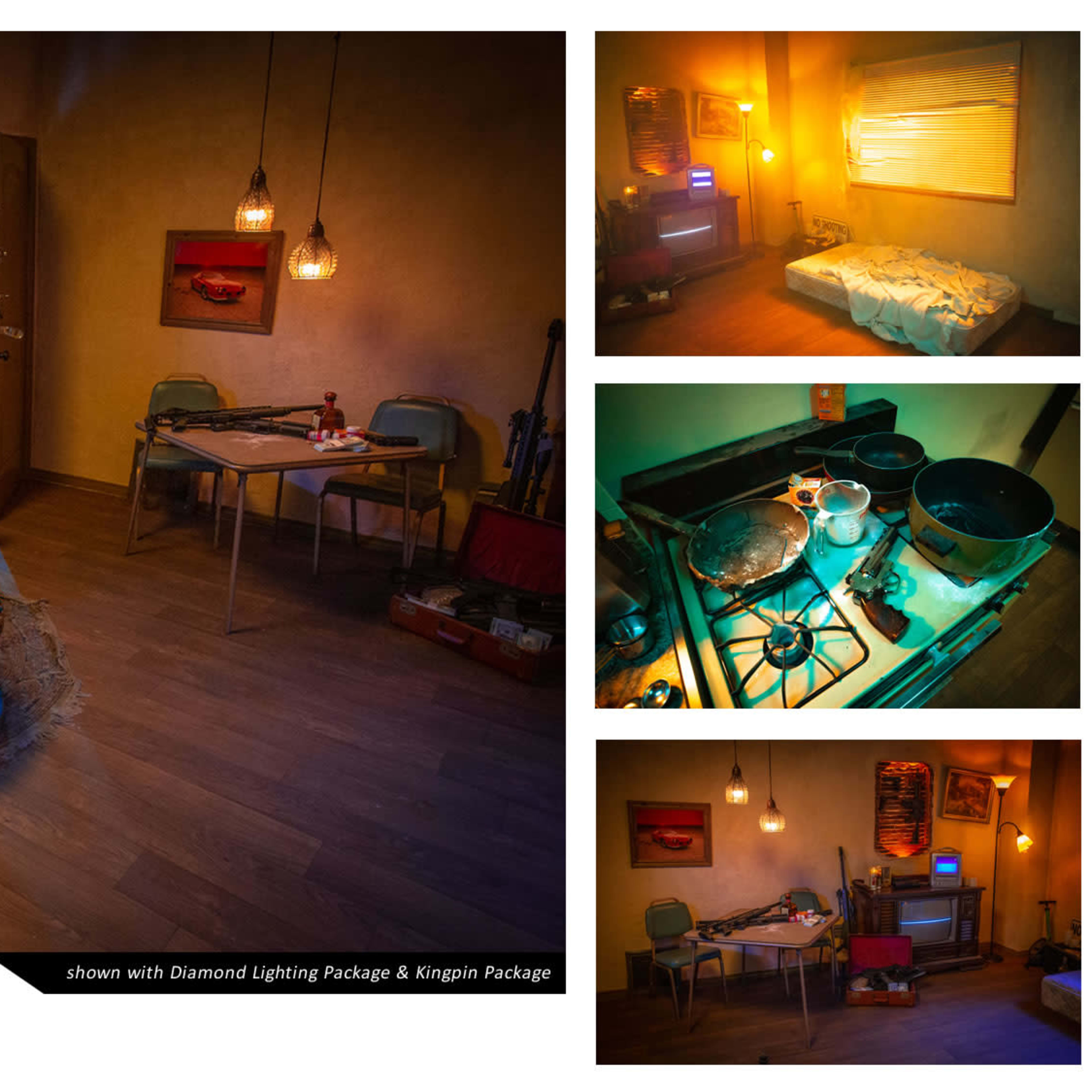 A cozy interior of a small room featuring a leather couch, a table, and various kitchen items illuminated by warm and cool lighting.