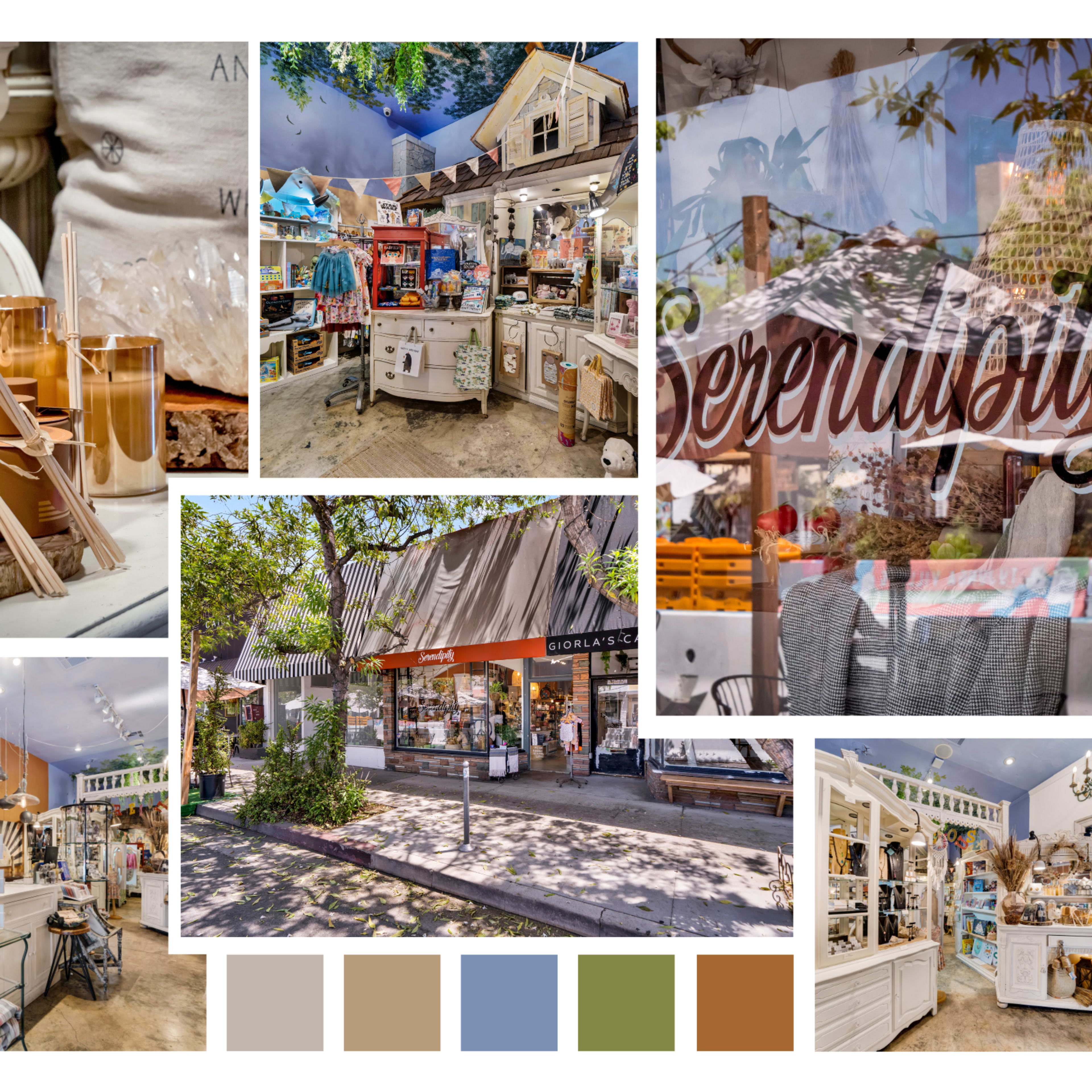 A quaint shop filled with various home decor items, including candles, furniture, and decorative displays, all set beneath a canopy of trees.