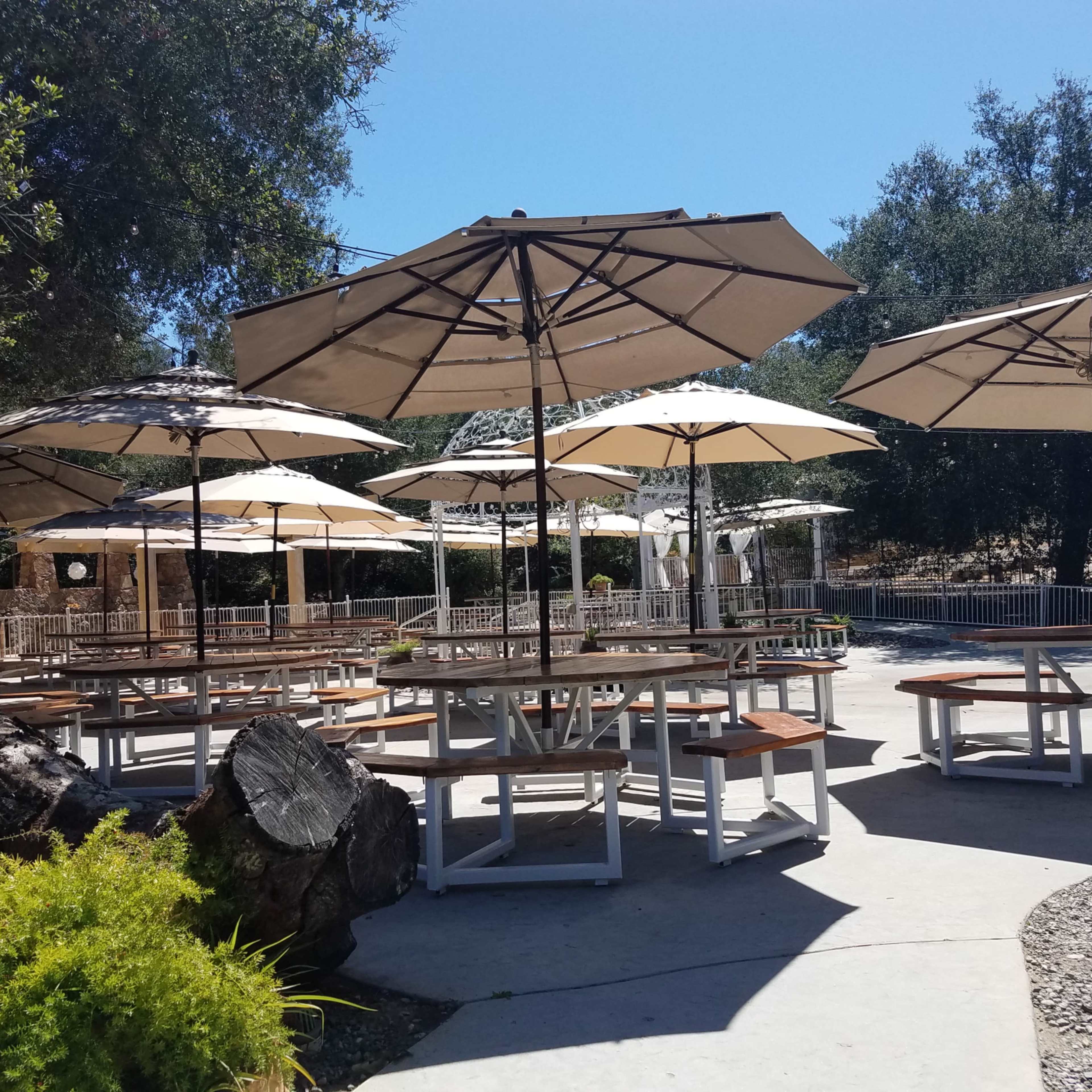 An outdoor seating area features several wooden tables with large umbrellas, surrounded by greenery and gravel paths.