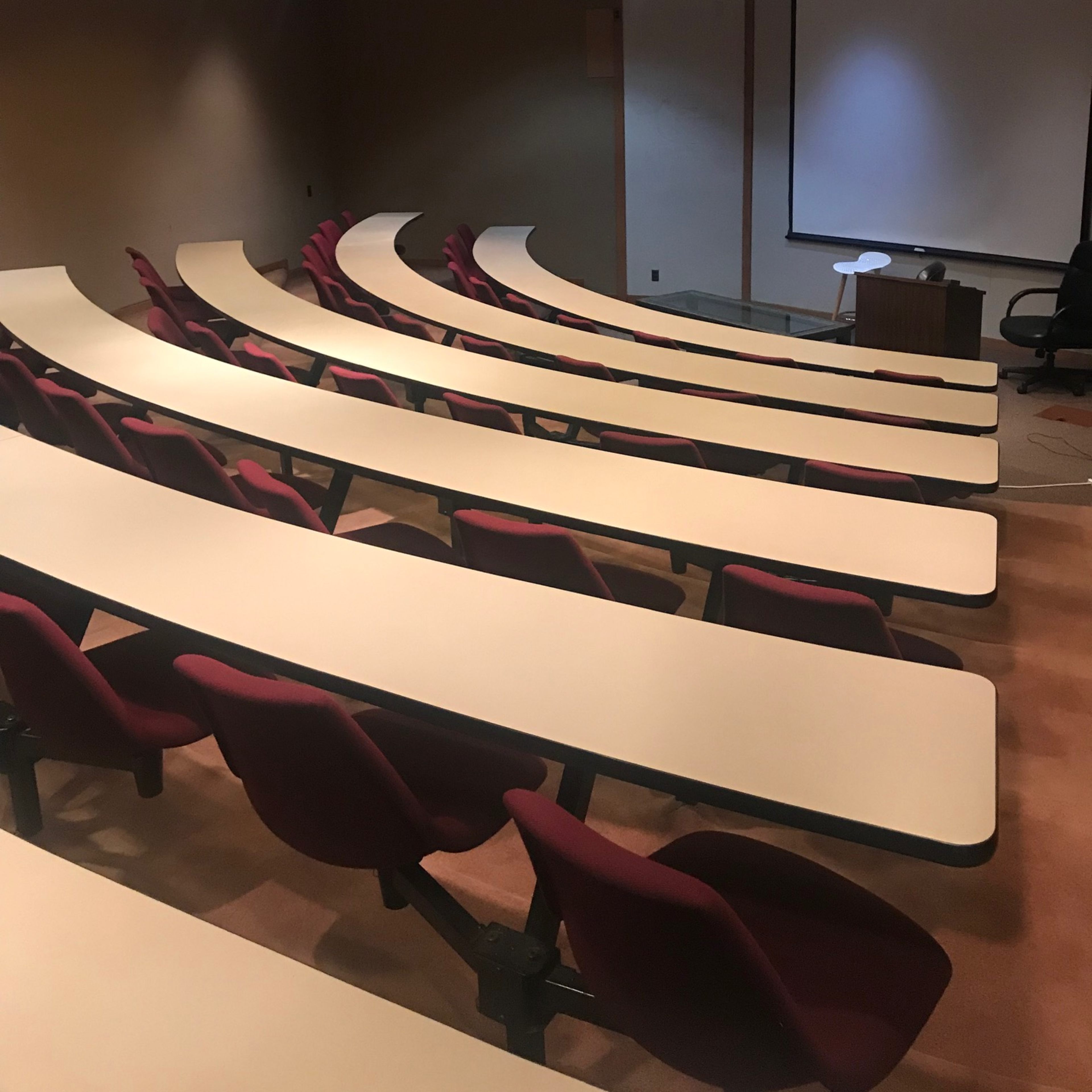 An empty lecture hall with curved rows of seating and a projection screen at the front.