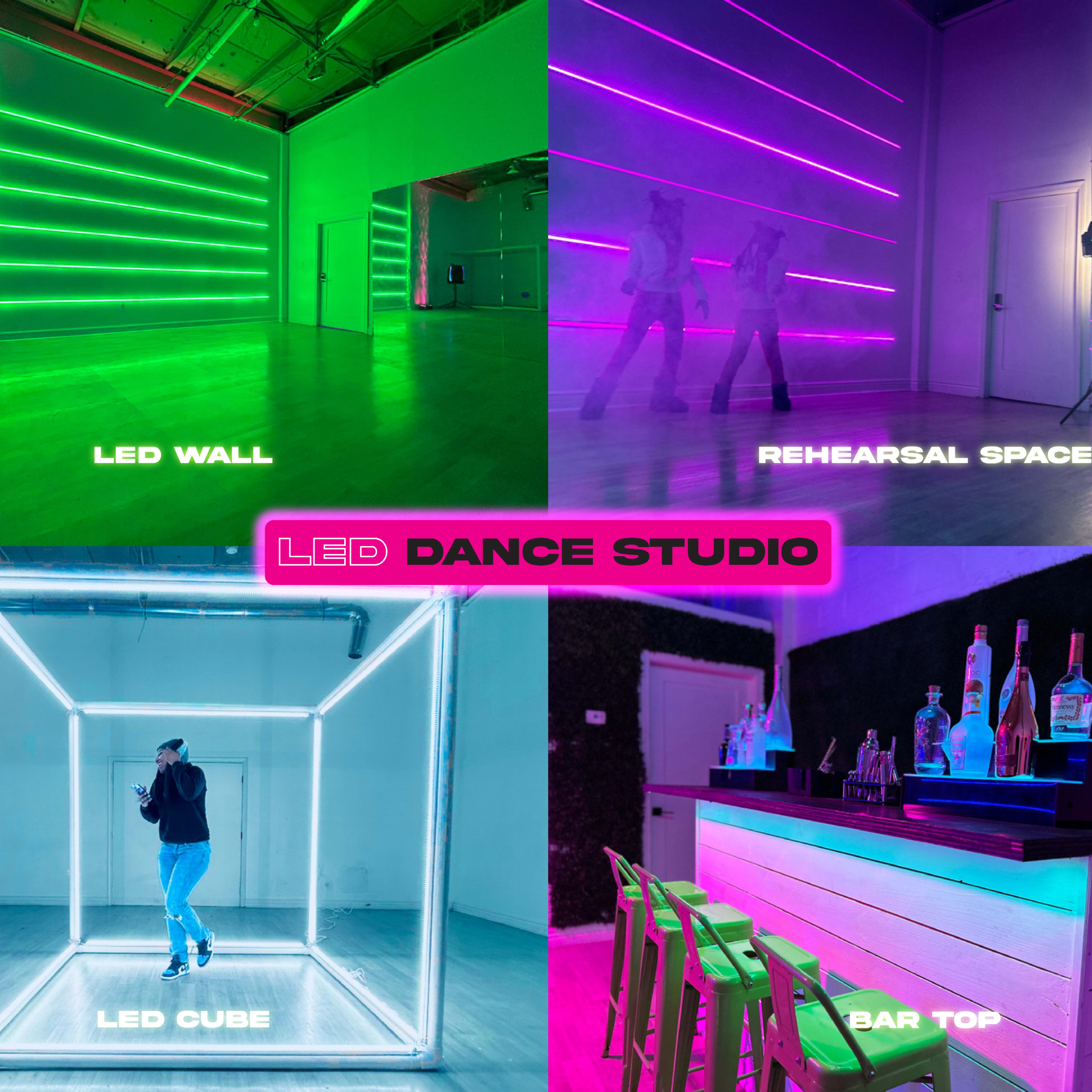 A modern LED dance studio featuring a rehearsal space with LED walls, an illuminated cube, and a bar area with seating.