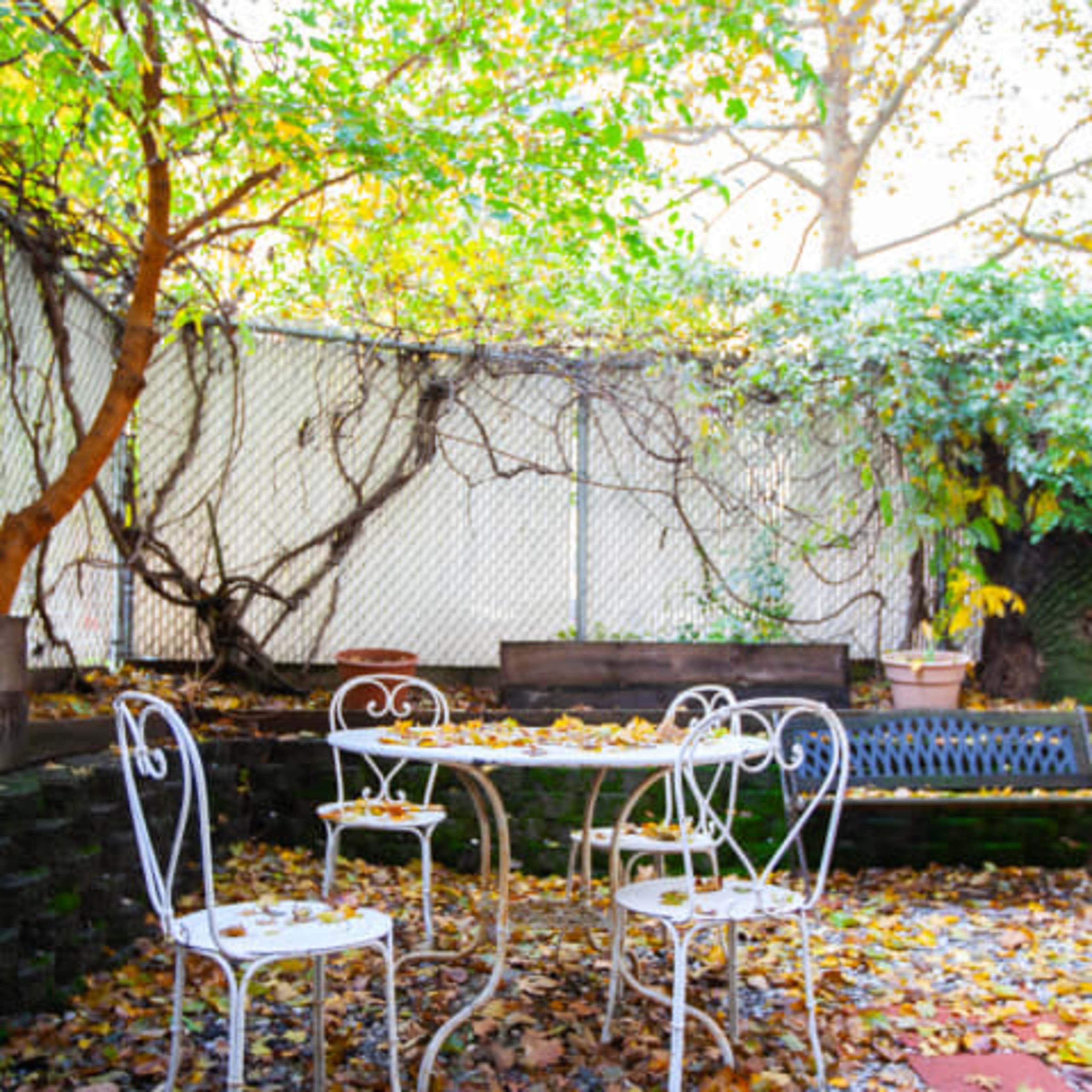 A small outdoor seating area with a white metal table and chairs is surrounded by fallen leaves and overgrown greenery.