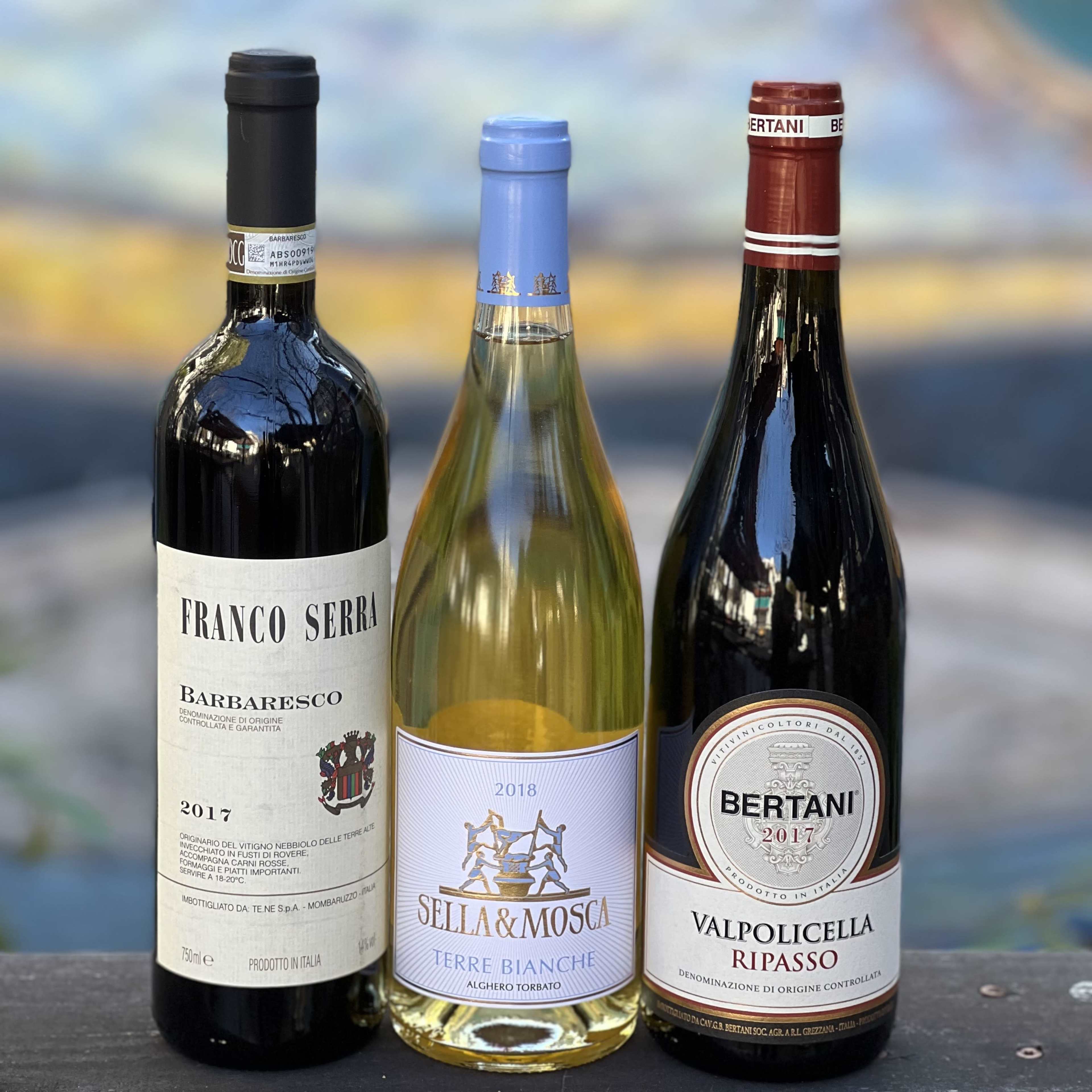 Three wine bottles are arranged in a row, including a red Barbaresco, a white Terre Bianche, and a red Valpolicella Ripasso, displayed against a colorful background.
