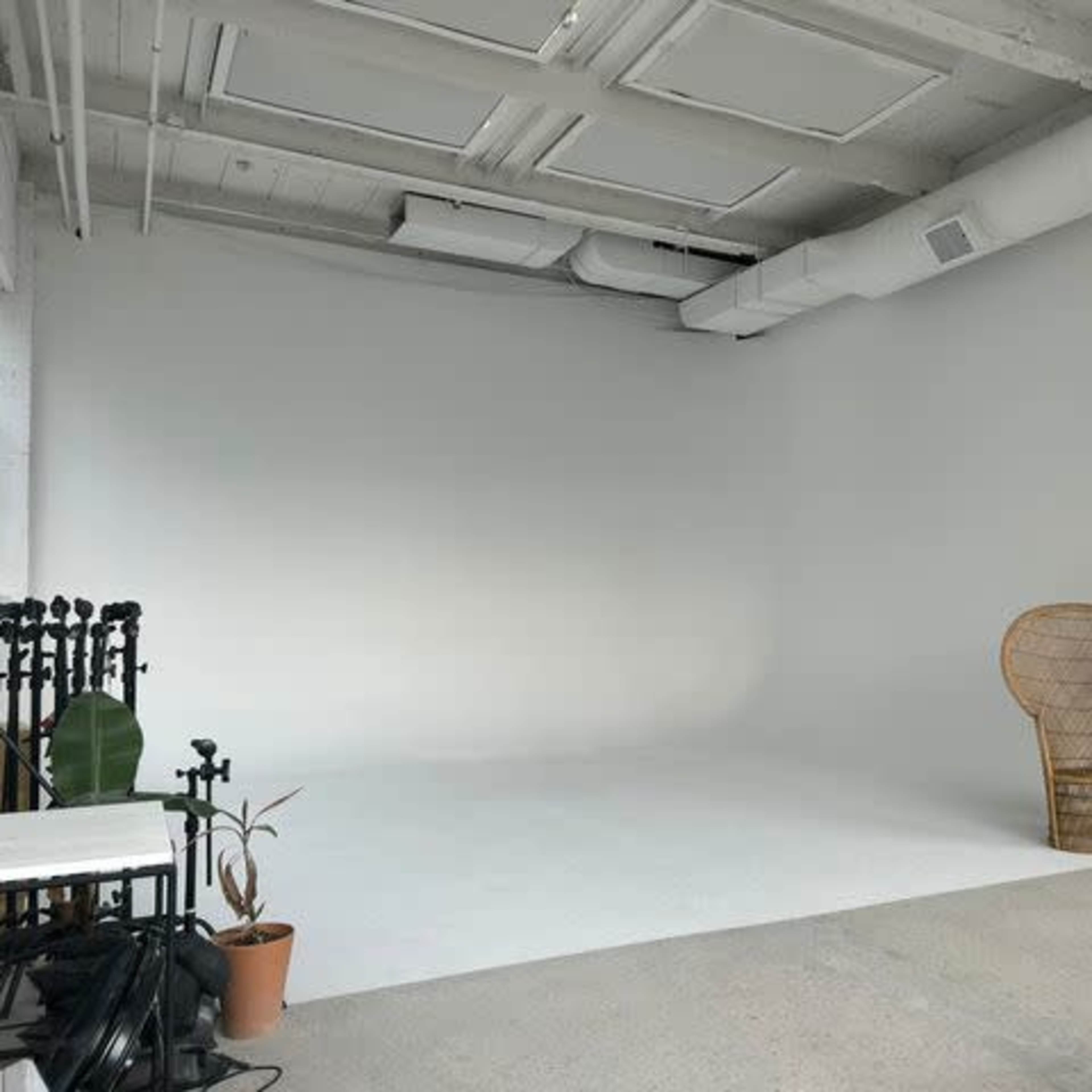 A minimalist studio space with a white backdrop, a wicker chair, and a few potted plants.