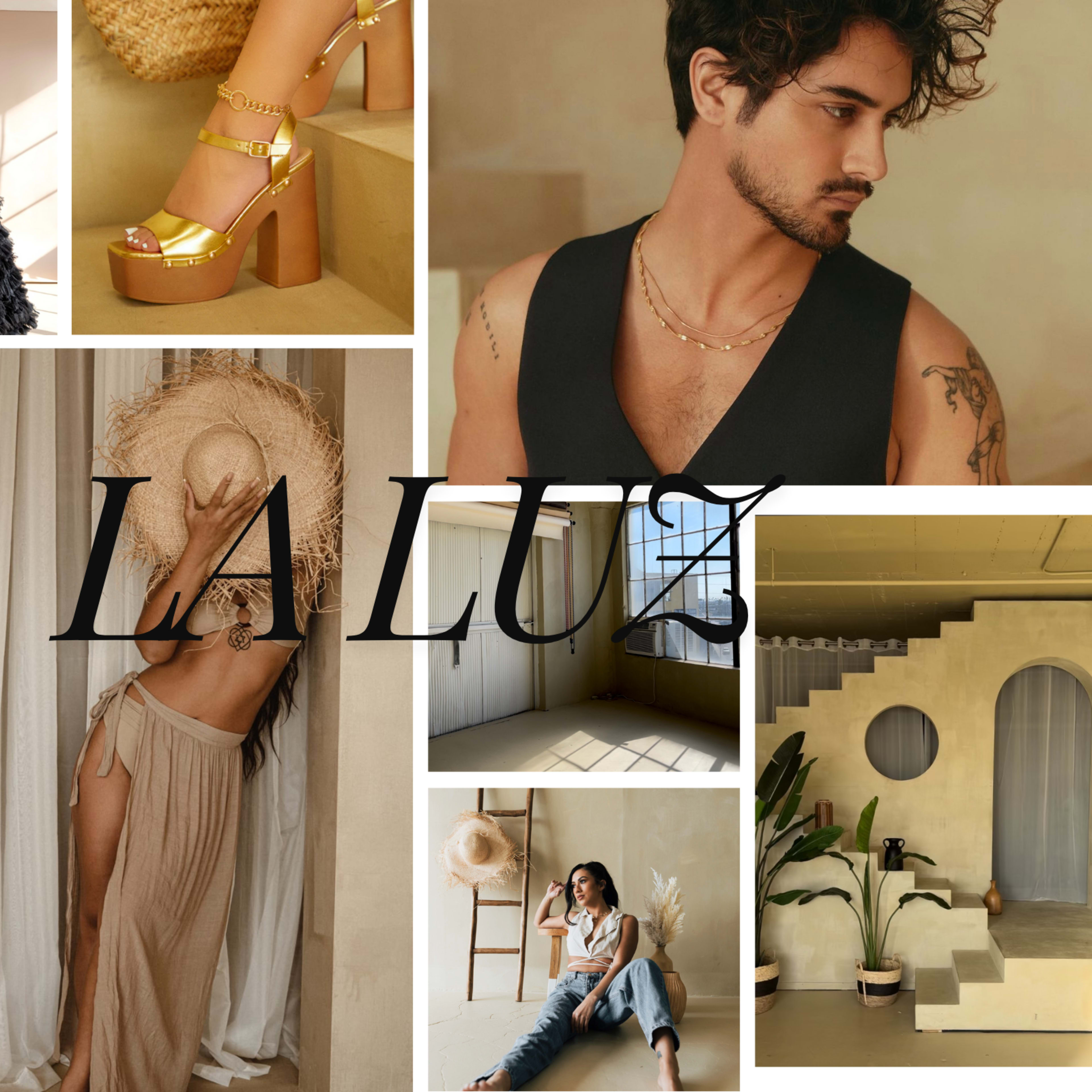 A collage of fashion and lifestyle scenes, including a model in a dramatic black gown, close-up shots of gold platform shoes, and various indoor settings showcasing neutral tones and stylish decor.