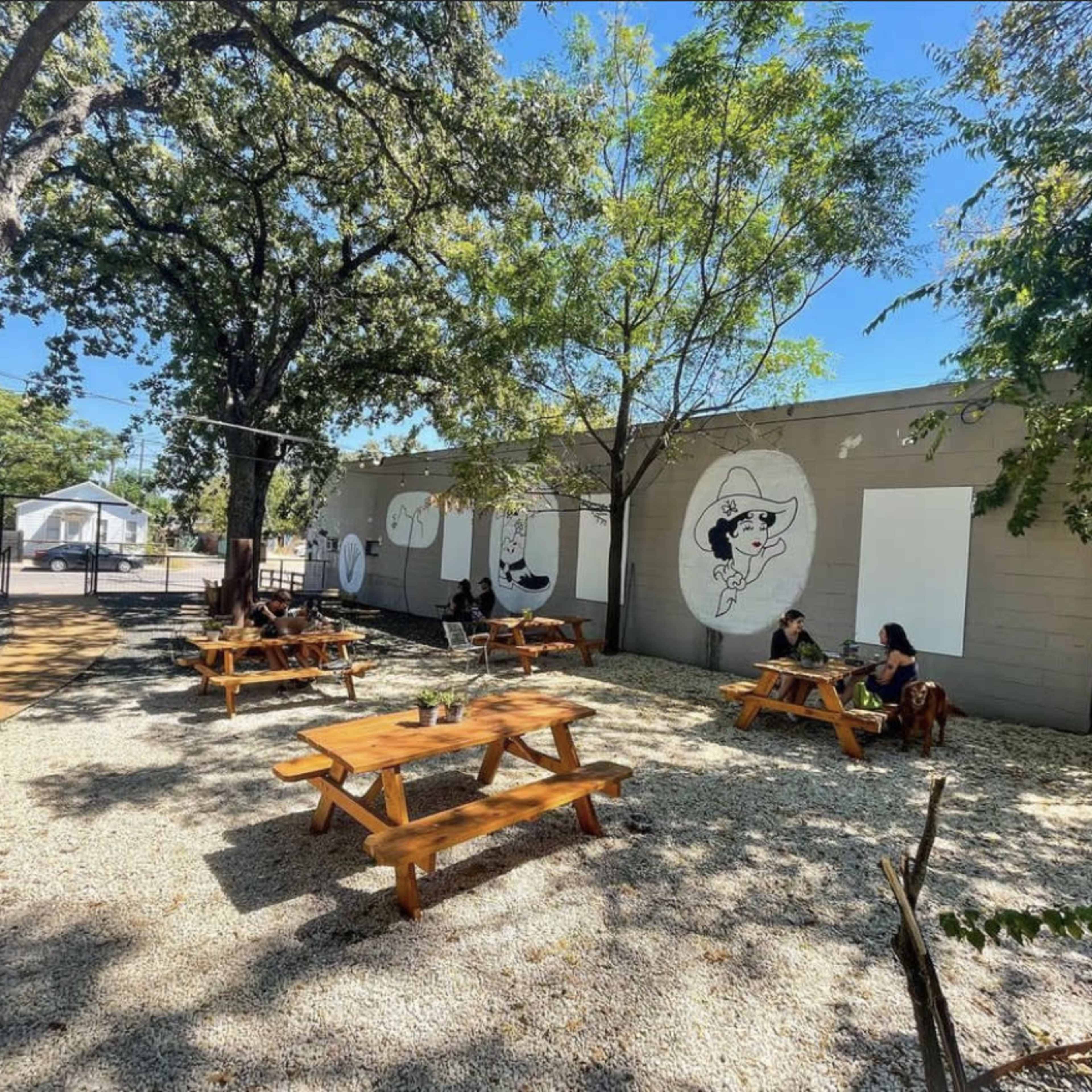 An outdoor seating area with wooden picnic tables surrounded by trees and a mural on a building wall.