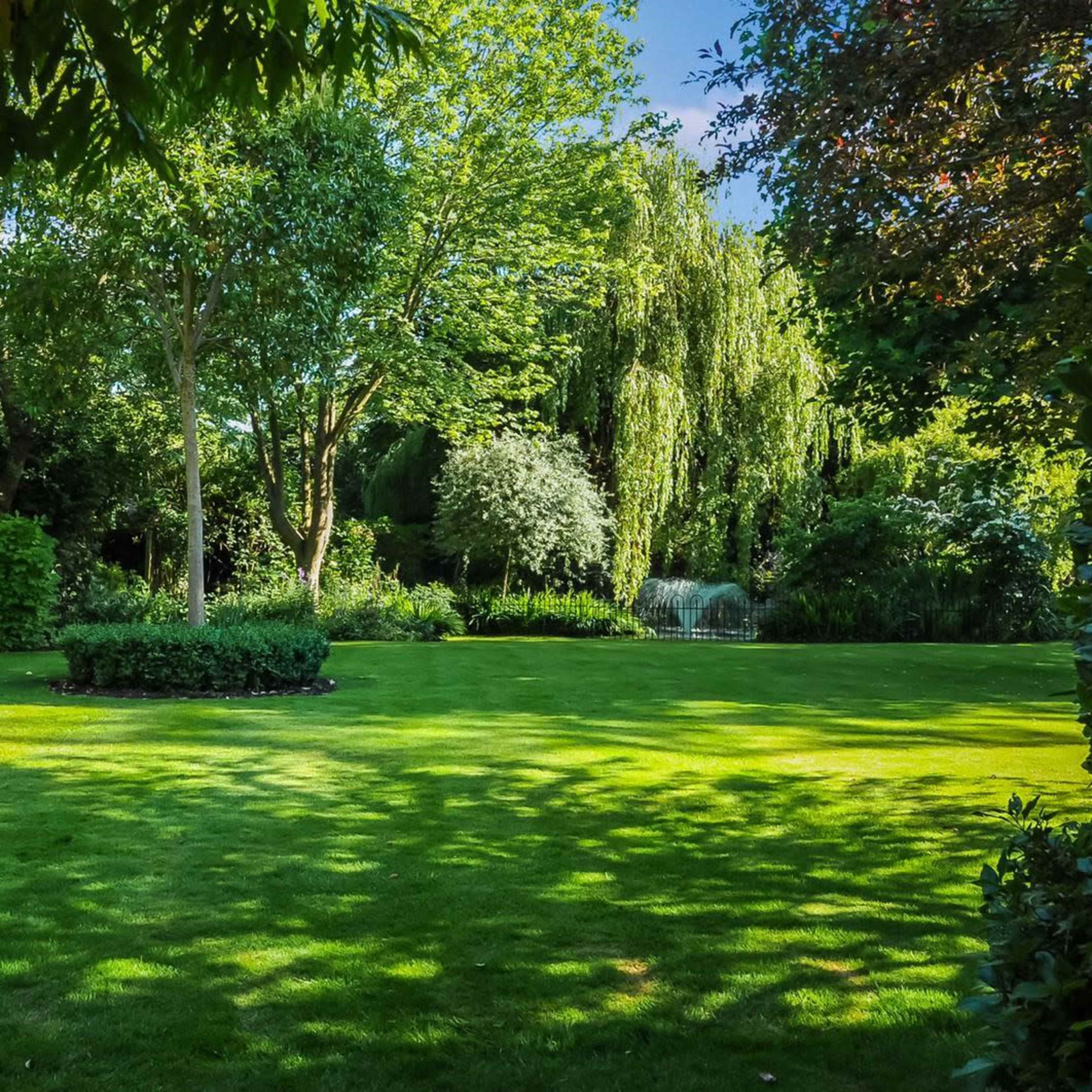 A manicured green lawn is framed by trees and shrubs in a quiet garden, with a small water feature in the background.