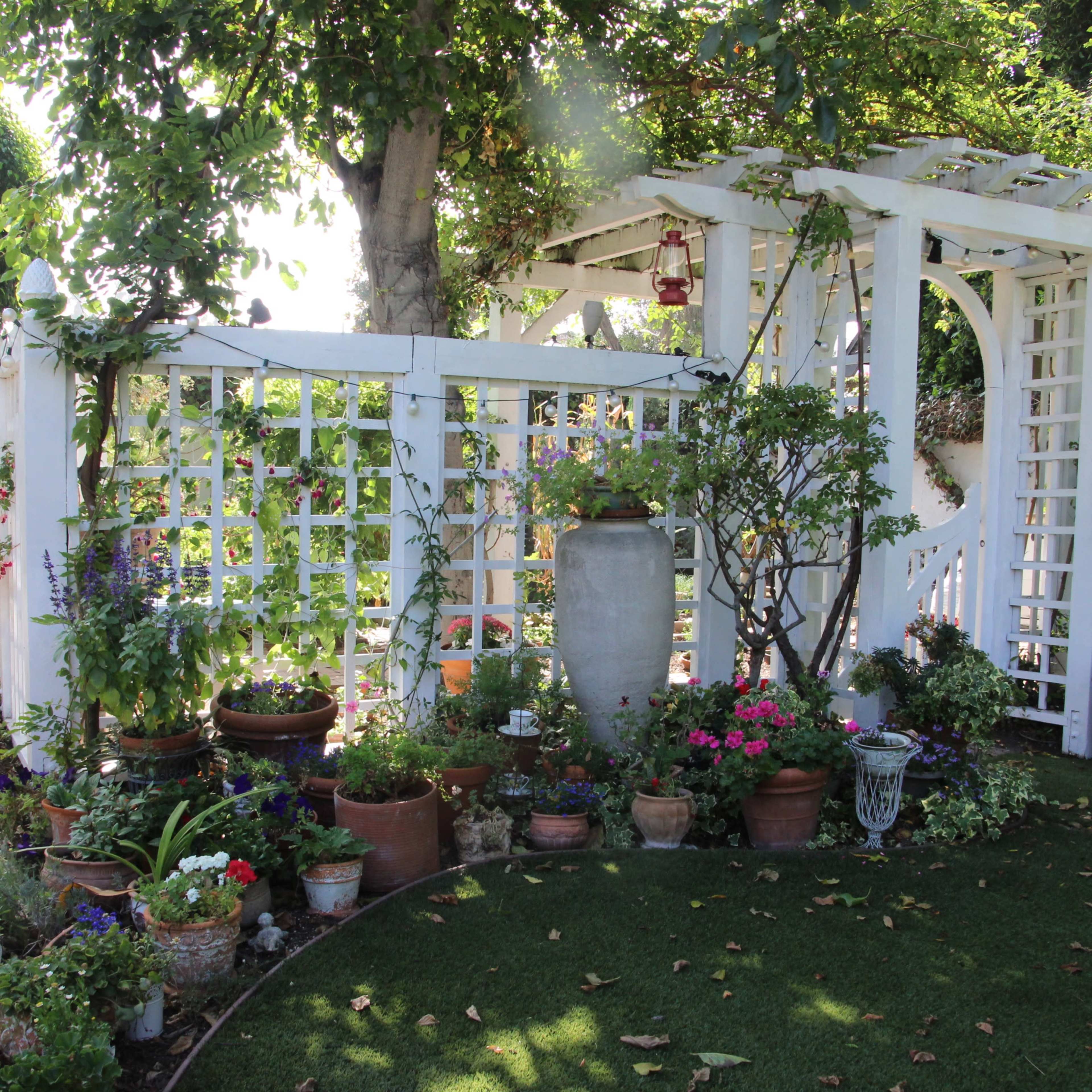 A white lattice garden structure surrounded by various potted plants and flowers.