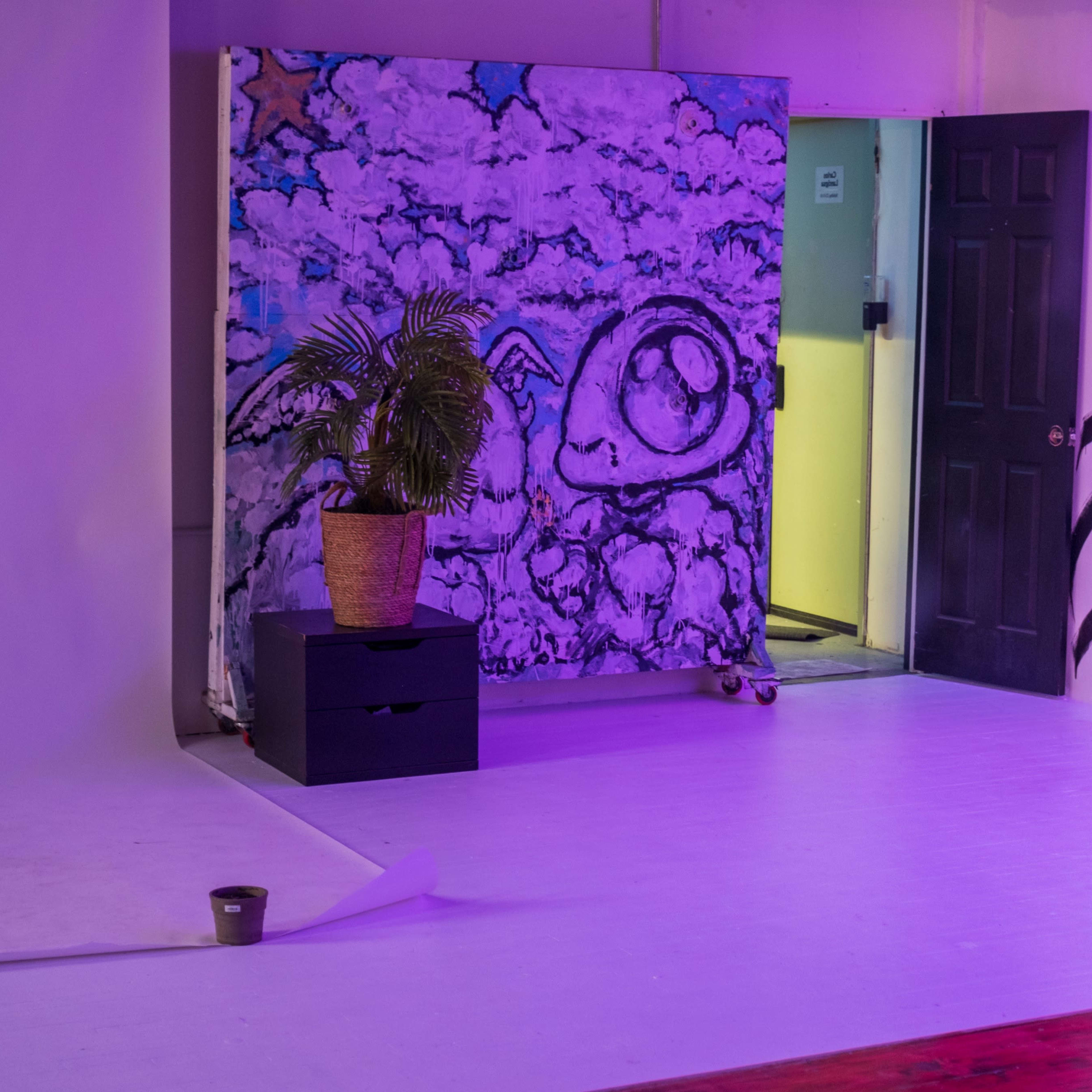 A brightly lit art studio featuring a mural with an eye design, a large potted plant, and a door leading to another room.