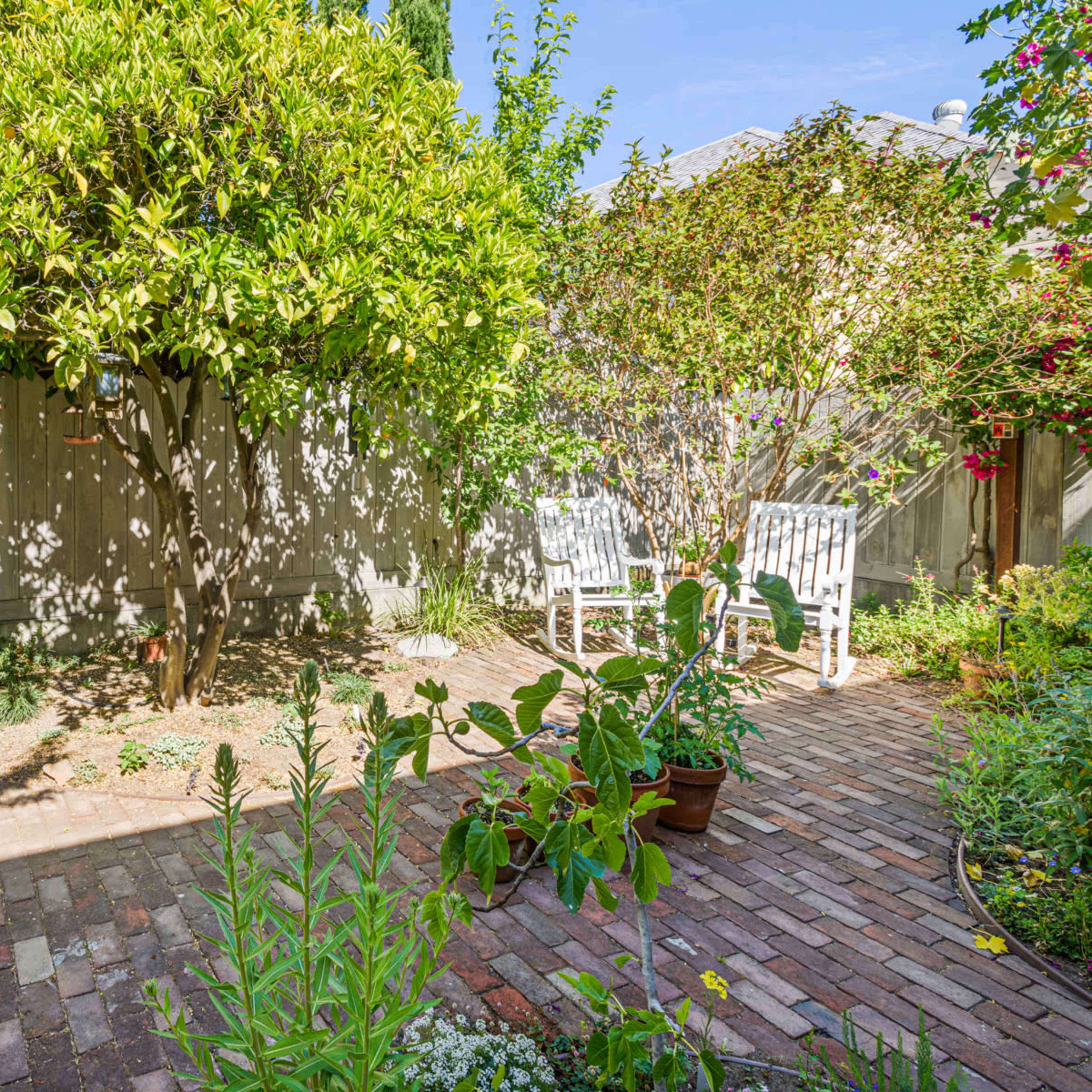 A landscaped garden with brick pathways, a green tree, and two white chairs under the shade.