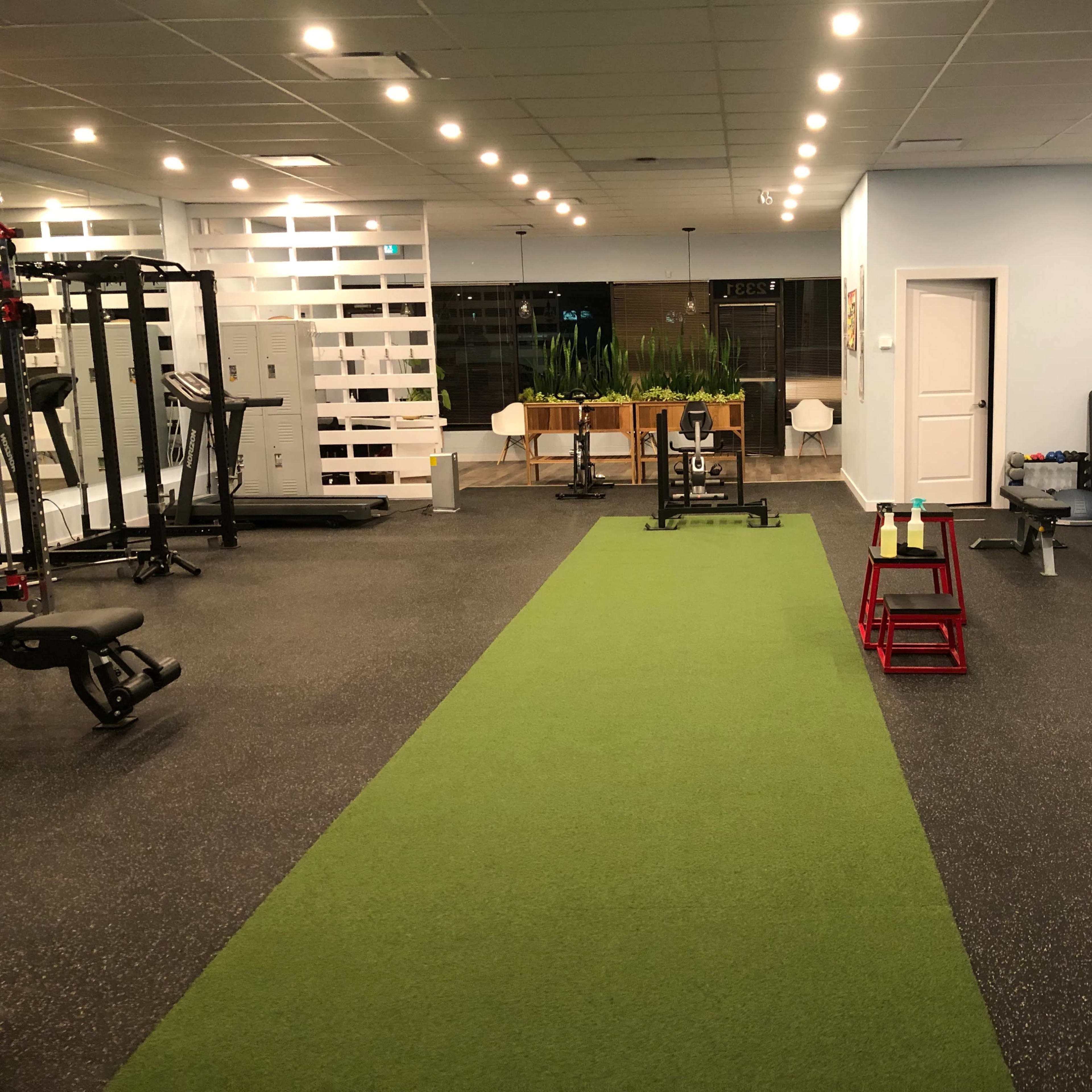 A spacious gym with a green turf area, various exercise equipment, and large windows letting in light.